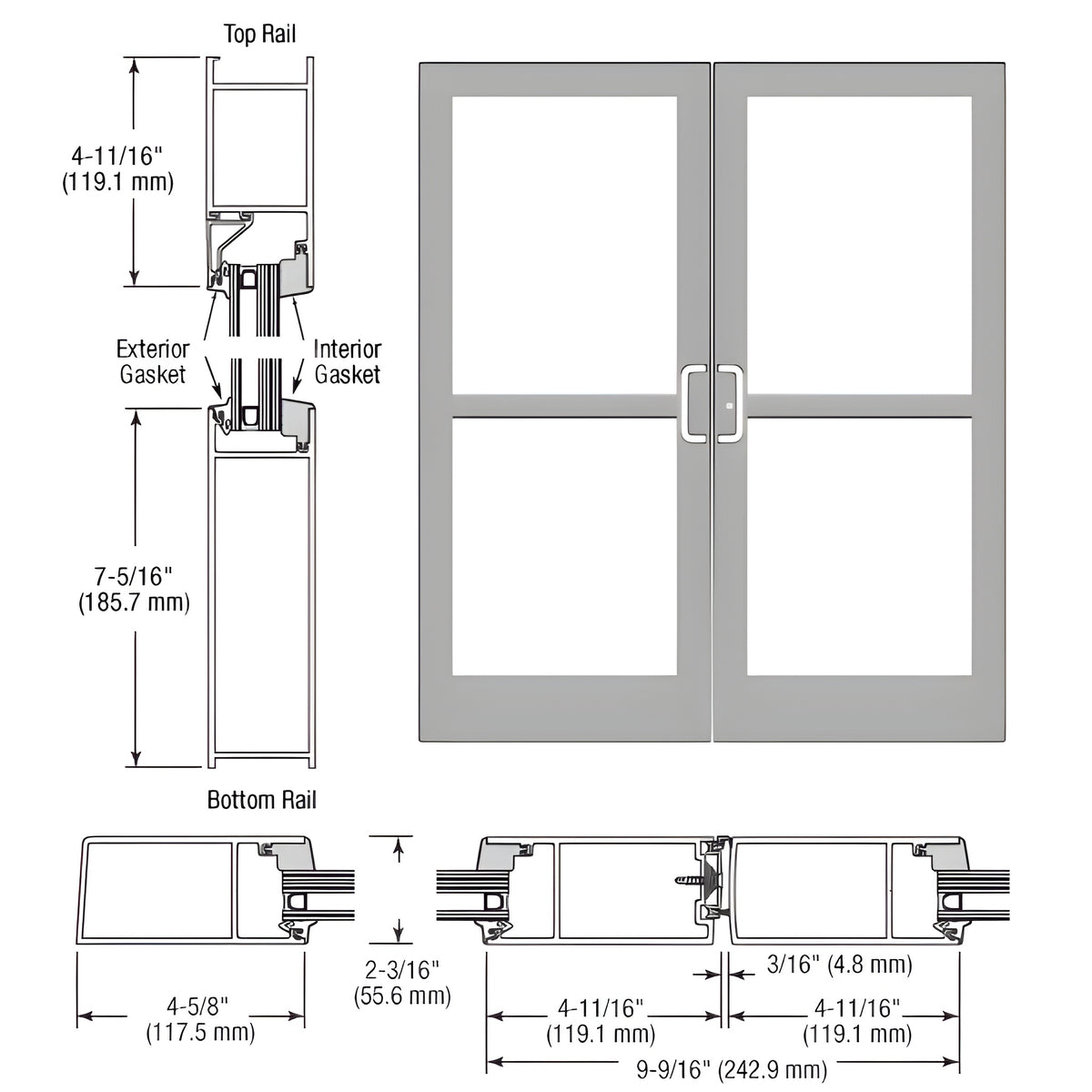 CRL-U.S. Aluminum Clear Anodized IG600 Series Custom Pair StormFront™ Gear Hinged Entrance for Panic and Surface Closer