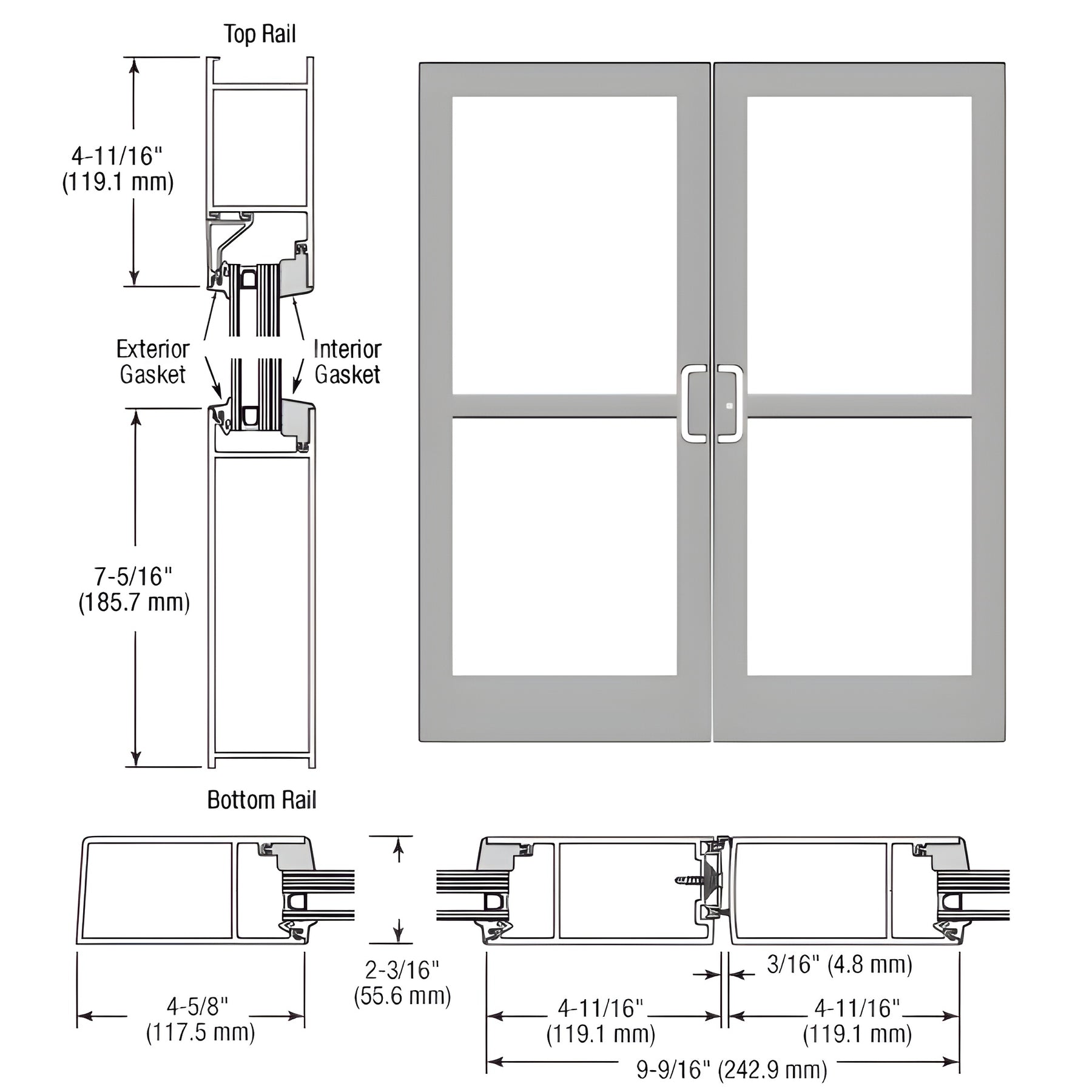 CRL-U.S. Aluminum Clear Anodized IG600 Series Custom Pair StormFront™ Gear Hinged Entrance for Panic and Surface Closer