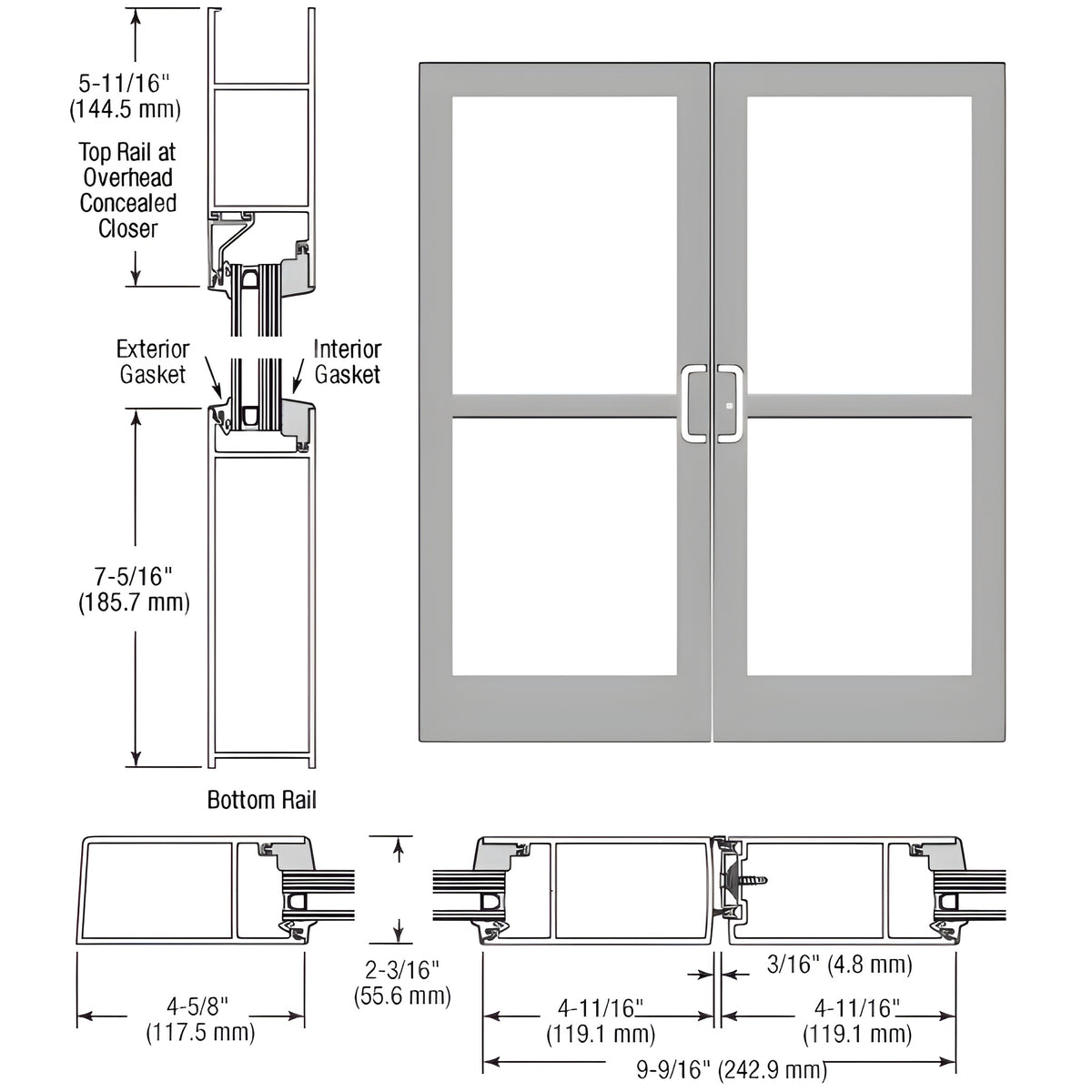 CRL-U.S. Aluminum Clear Anodized IG600 Series Custom Pair StormFront™ Gear Hinged Entrance for Panic and Concealed Overhead Closer