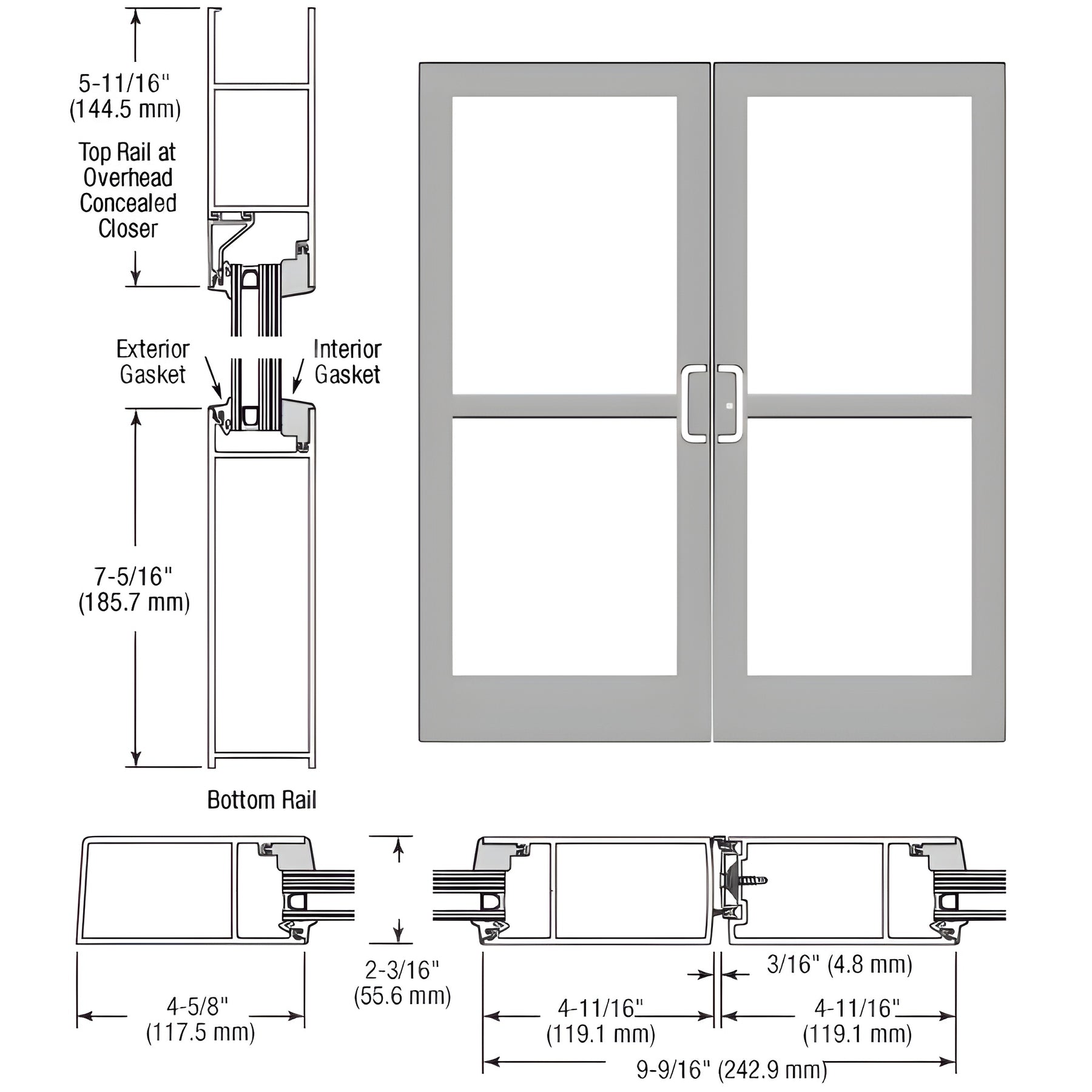 CRL-U.S. Aluminum Clear Anodized IG600 Series Custom Pair StormFront™ Gear Hinged Entrance for Panic and Concealed Overhead Closer