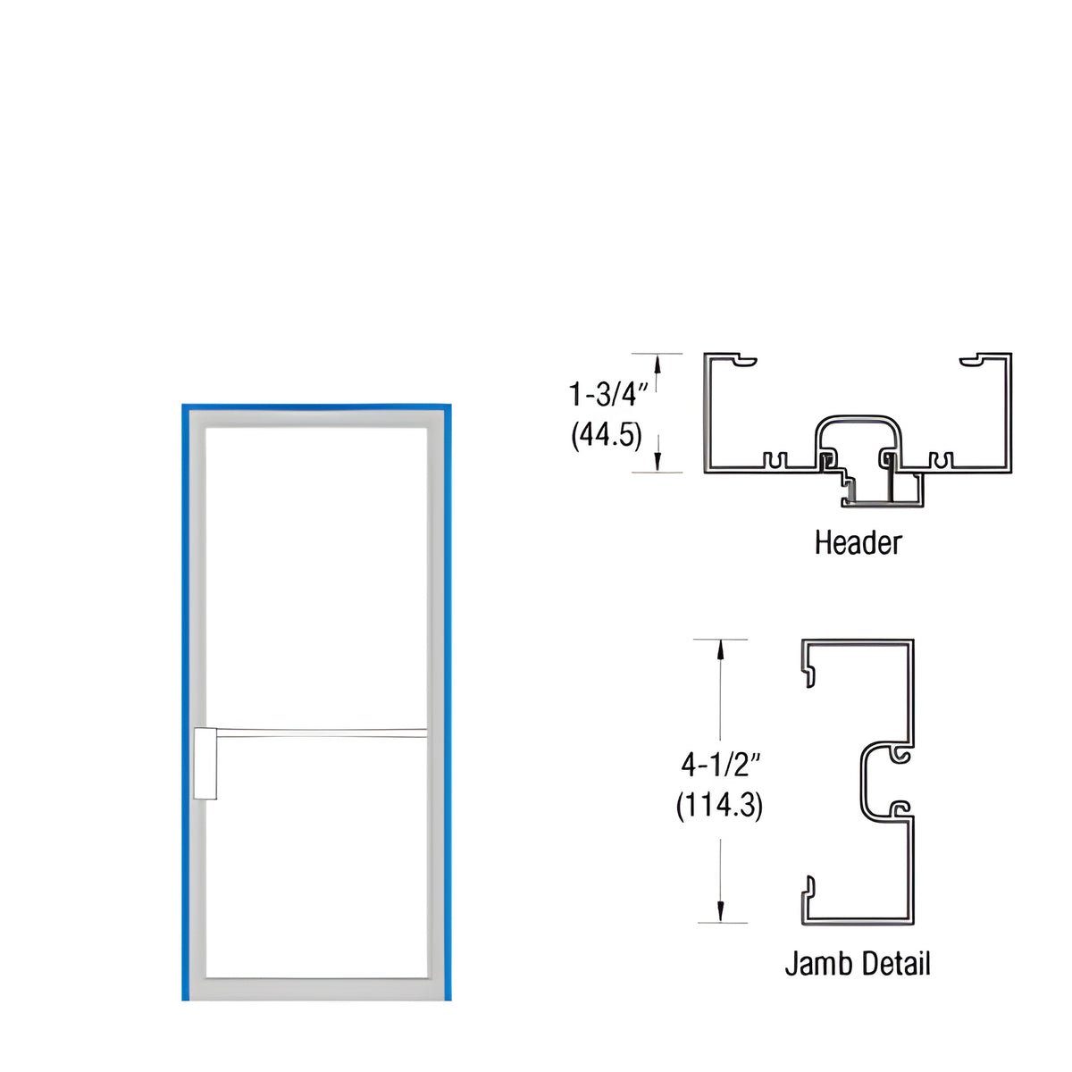 CRL-U.S. Aluminum Clear Anodized LH NOA 1-3/4" x 4-1/2" Up and Over Frame with Offset Pivot for Surface Mount Closer