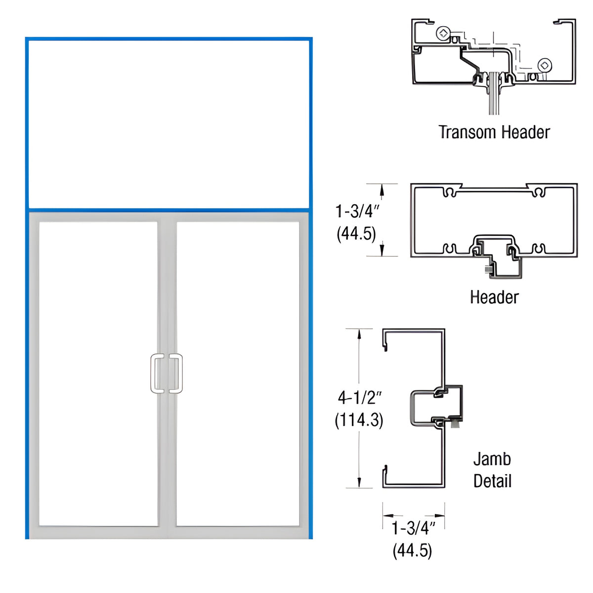 CRL-U.S. Aluminum Clear Anodized Open Back Transom Door Frame for Pair of Doors with Offset Pivots, Panics and Using Surface Closers