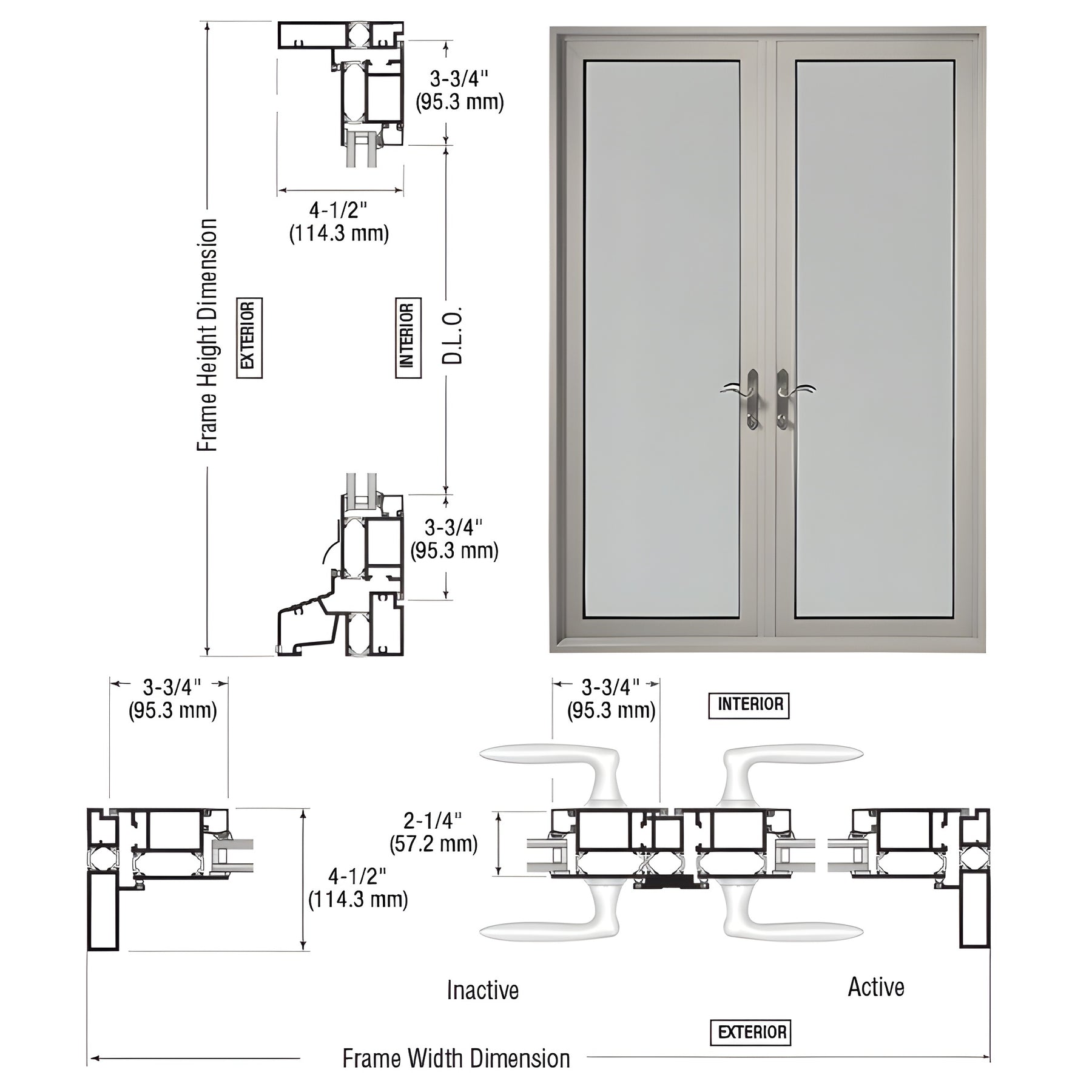 CRL-U.S. Aluminum Clear Anodized Series 900 Terrace Doors With Up/Over Frame, 3-3/4" Bottom Rail, and Standard Threshold - Pair Swing In