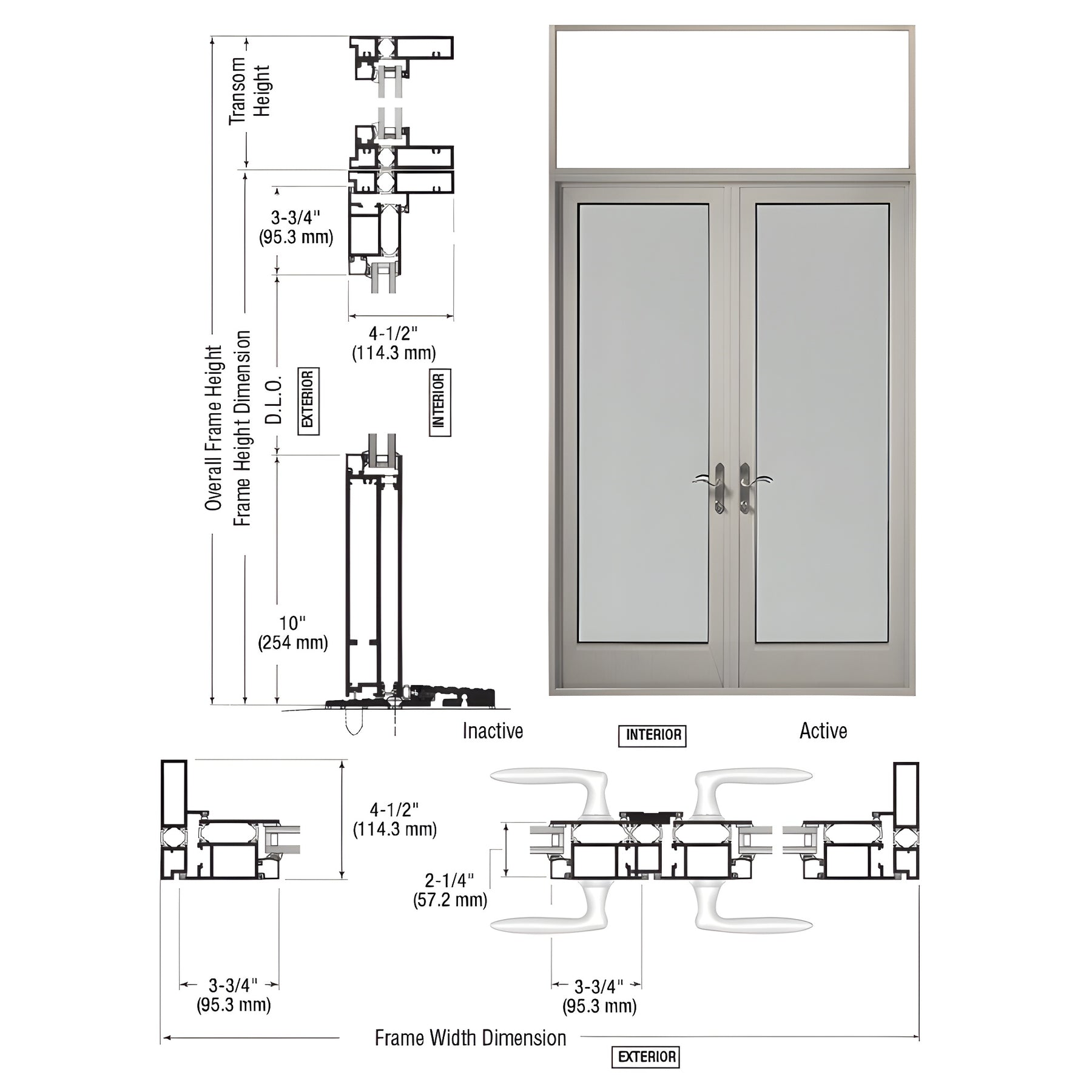 CRL-U.S. Aluminum Clear Anodized Series 925 Transom Patio Door Pair Swing Out