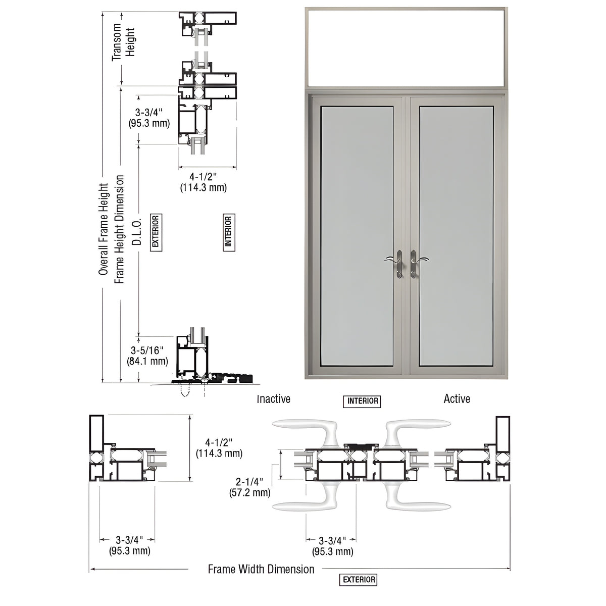 CRL-U.S. Aluminum Clear Anodized Series 925 Transom Patio Door Pair Swing Out