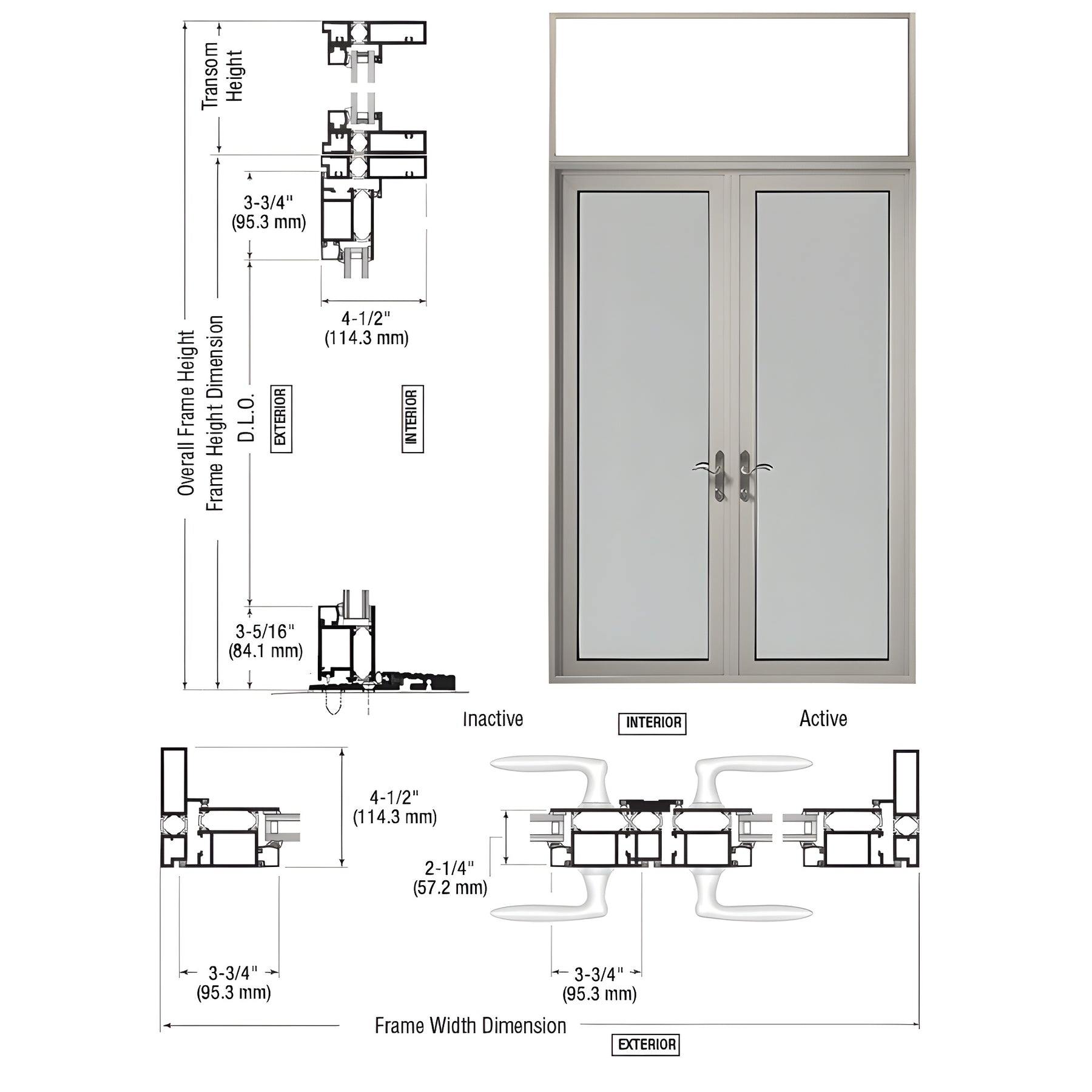 CRL-U.S. Aluminum Clear Anodized Series 925 Transom Patio Door Pair Swing Out