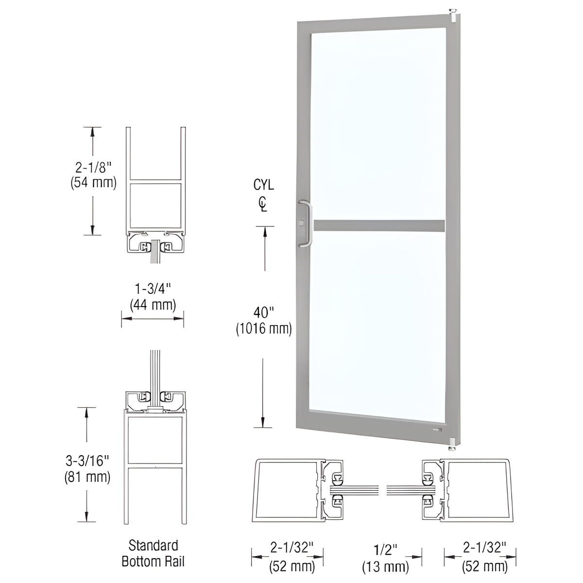 CRL-U.S. Aluminum Clear Anodized Single 36"x 84" Series 250 Narrow Stile Left Side Latch Offset Pivot Entrance Door With Rim Device for Surface Mount Door Closer