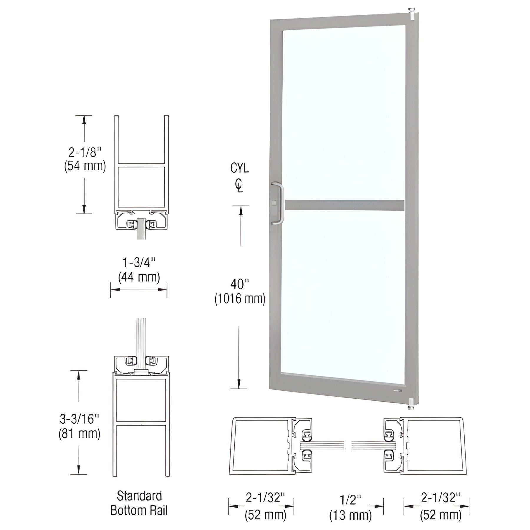 CRL-U.S. Aluminum Clear Anodized Single 36"x 84" Series 250 Narrow Stile Left Side Latch Offset Pivot Entrance Door With Rim Device for Surface Mount Door Closer