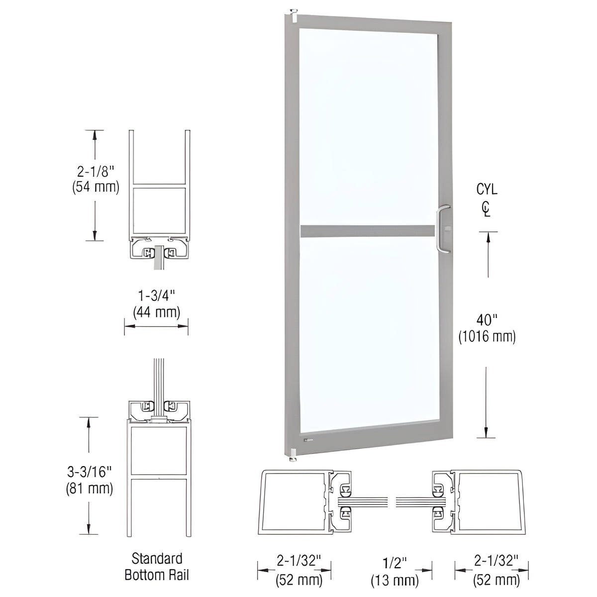 CRL-U.S. Aluminum Clear Anodized Single 36"x 84" Series 250 Narrow Stile Right Side Latch Offset Pivot Entrance Door With Rim Device for Surface Mount Door Closer