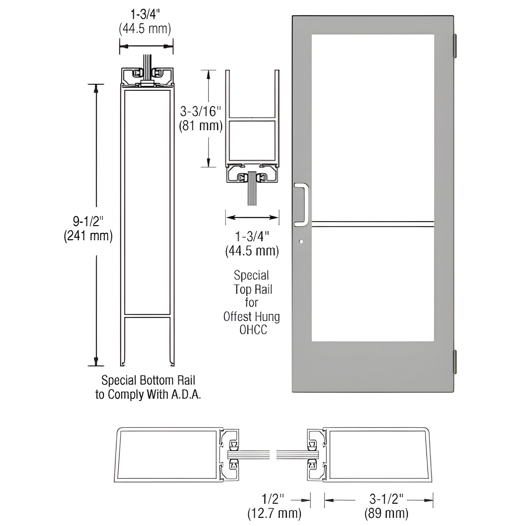 CRL-U.S. Aluminum Clear Anodized Single 36" x 84" Series 400 Medium Stile Left Side Latch Butt Hinged Entrance Door for Overhead Concealed Door Closer