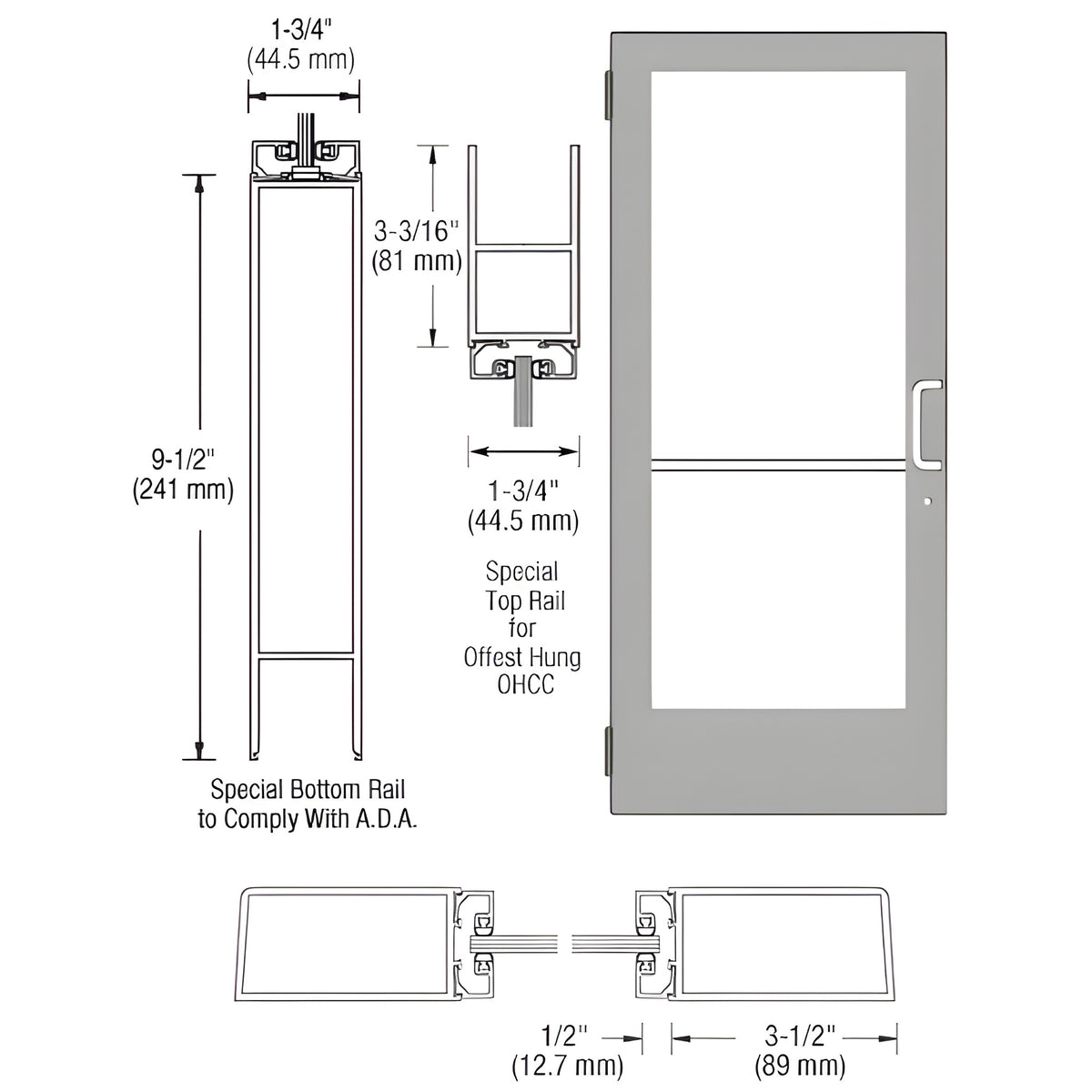 CRL-U.S. Aluminum Clear Anodized Single 36" x 84" Series 400 Medium Stile Right Side Latch Butt Hinged Entrance Door for Overhead Concealed Door Closer