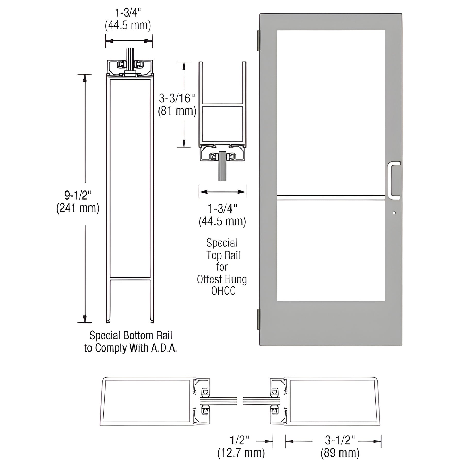 CRL-U.S. Aluminum Clear Anodized Single 36" x 84" Series 400 Medium Stile Right Side Latch Butt Hinged Entrance Door for Overhead Concealed Door Closer