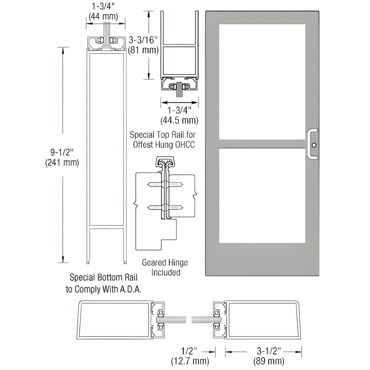 CRL-U.S. Aluminum Clear Anodized Single 36" x 84" Series 400 Medium Stile Right Side Latch Geared Hinge Entrance Door With Panic for 105 Degree Overhead Concealed Door Closer