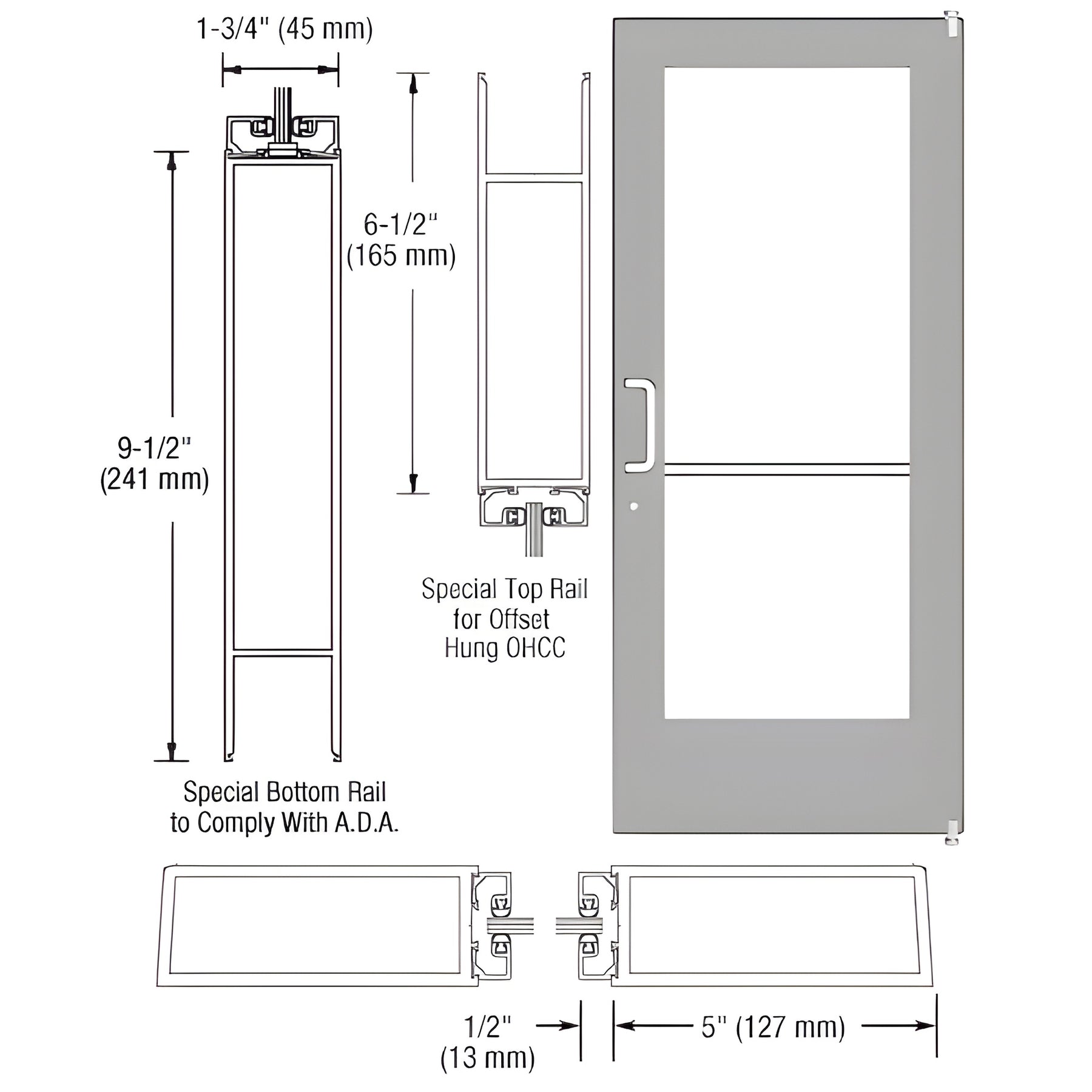 CRL-U.S. Aluminum Clear Anodized Single 36" x 84" Series 550 Wide Stile Left Side Latch Offset Pivot Entrance Door for 105º Overhead Concealed Door Closer
