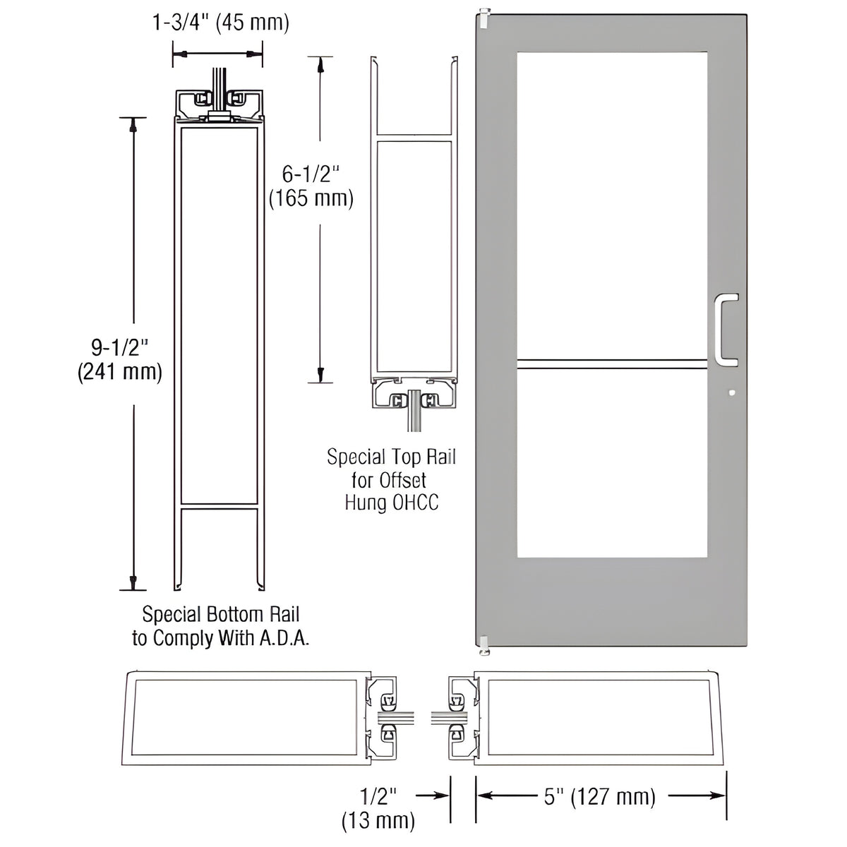 CRL-U.S. Aluminum Clear Anodized Single 36" x 84" Series 550 Wide Stile Right Side Latch Offset Pivot Entrance Door for 105º Overhead Concealed Door Closer