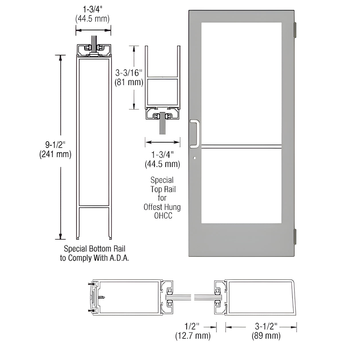 CRL-U.S. Aluminum Clear Anodized Single Active Leaf of Pair 36" x 84" Series 400 Medium Stile Left Side Latch Butt Hinged Entrance Door for 105º Overhead Concealed Door Closer