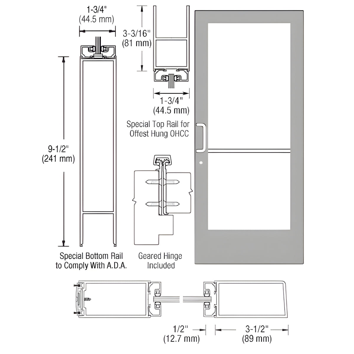 CRL-U.S. Aluminum Clear Anodized Single Active Leaf of Pair 36" x 84" Series 400 Medium Stile Left Side Latch Geared Hinge Entrance Door for 105º Overhead Concealed Closers - A.D.A. Access Bottom Rail