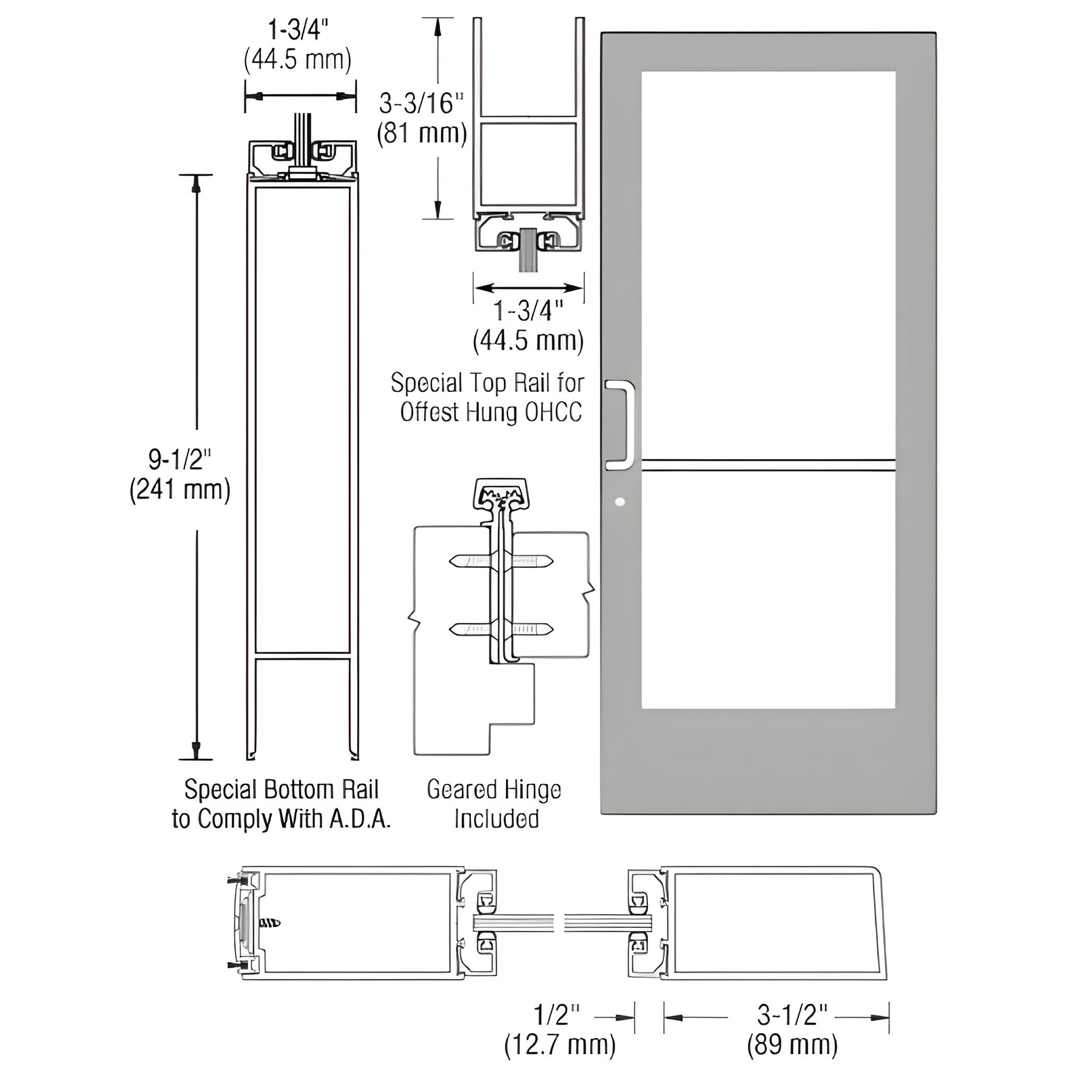 CRL-U.S. Aluminum Clear Anodized Single Active Leaf of Pair 36" x 84" Series 400 Medium Stile Left Side Latch Geared Hinge Entrance Door for 105º Overhead Concealed Closers - A.D.A. Access Bottom Rail