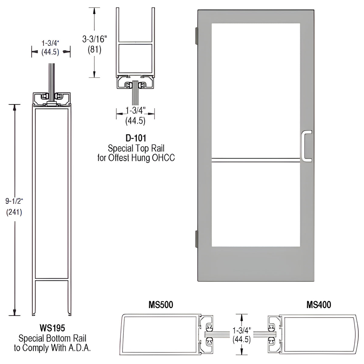CRL-U.S. Aluminum Clear Anodized Single Inactive Leaf of Pair 36" x 84" Series 400 Medium Stile Right Side Latch Butt Hinged Entrance Door for 105º Overhead Concealed Door Closer