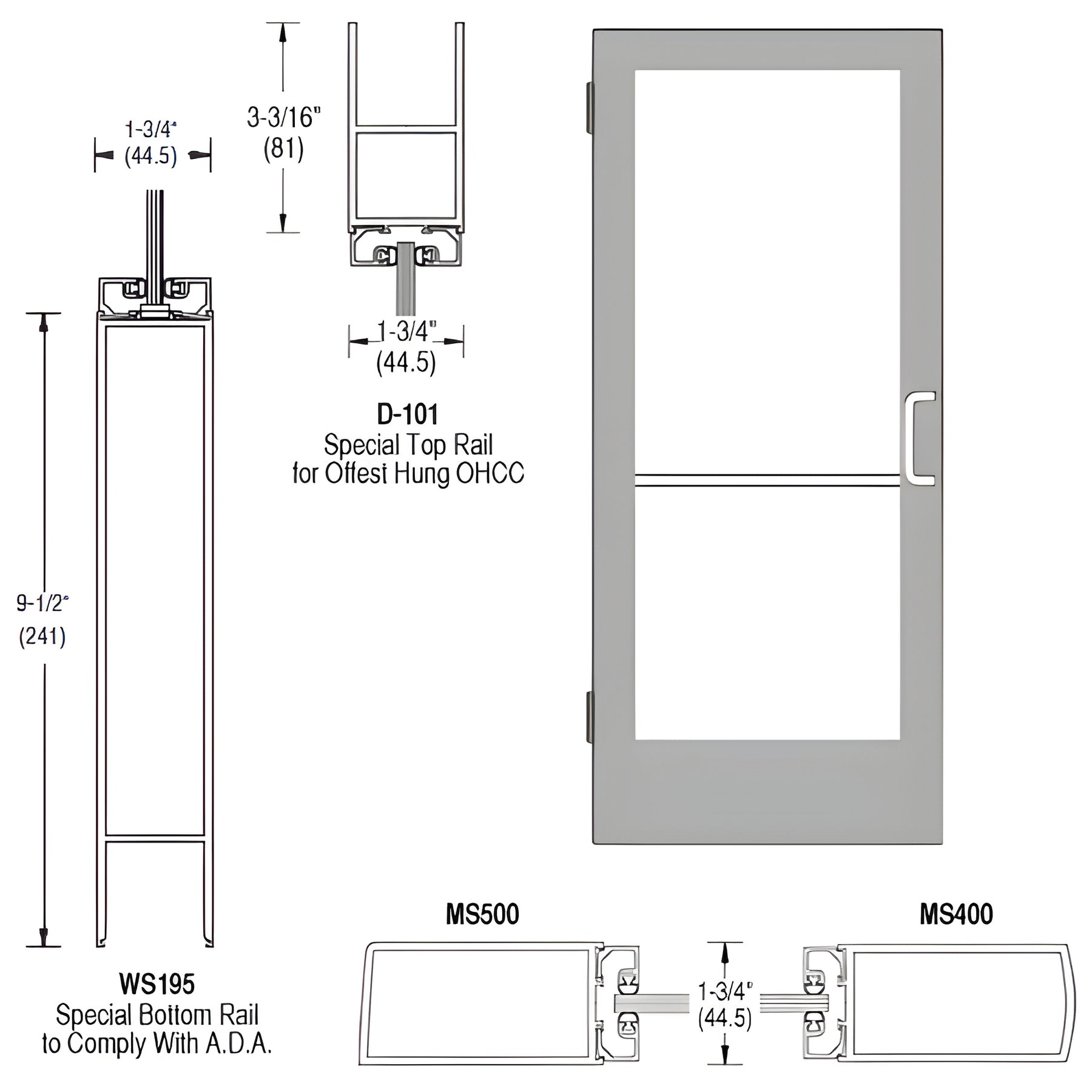 CRL-U.S. Aluminum Clear Anodized Single Inactive Leaf of Pair 36" x 84" Series 400 Medium Stile Right Side Latch Butt Hinged Entrance Door for 105º Overhead Concealed Door Closer