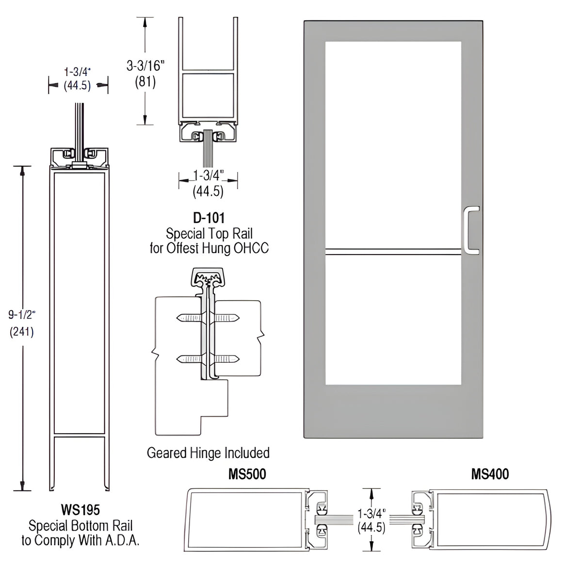 CRL-U.S. Aluminum Clear Anodized Single Inactive Leaf of Pair 36" x 84" Series 400 Medium Stile Right Side Latch Geared Hinge Entrance Door for 105º Overhead Concealed Closers - A.D.A. Access Bottom Rail