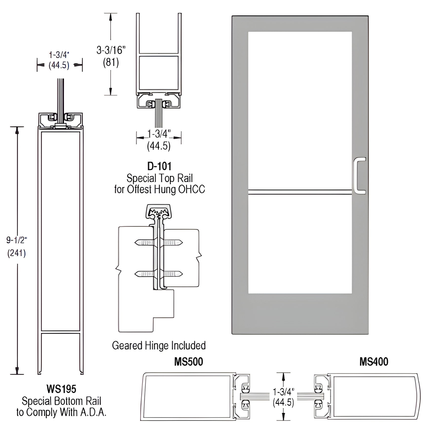 CRL-U.S. Aluminum Clear Anodized Single Inactive Leaf of Pair 36" x 84" Series 400 Medium Stile Right Side Latch Geared Hinge Entrance Door for 105º Overhead Concealed Closers - A.D.A. Access Bottom Rail