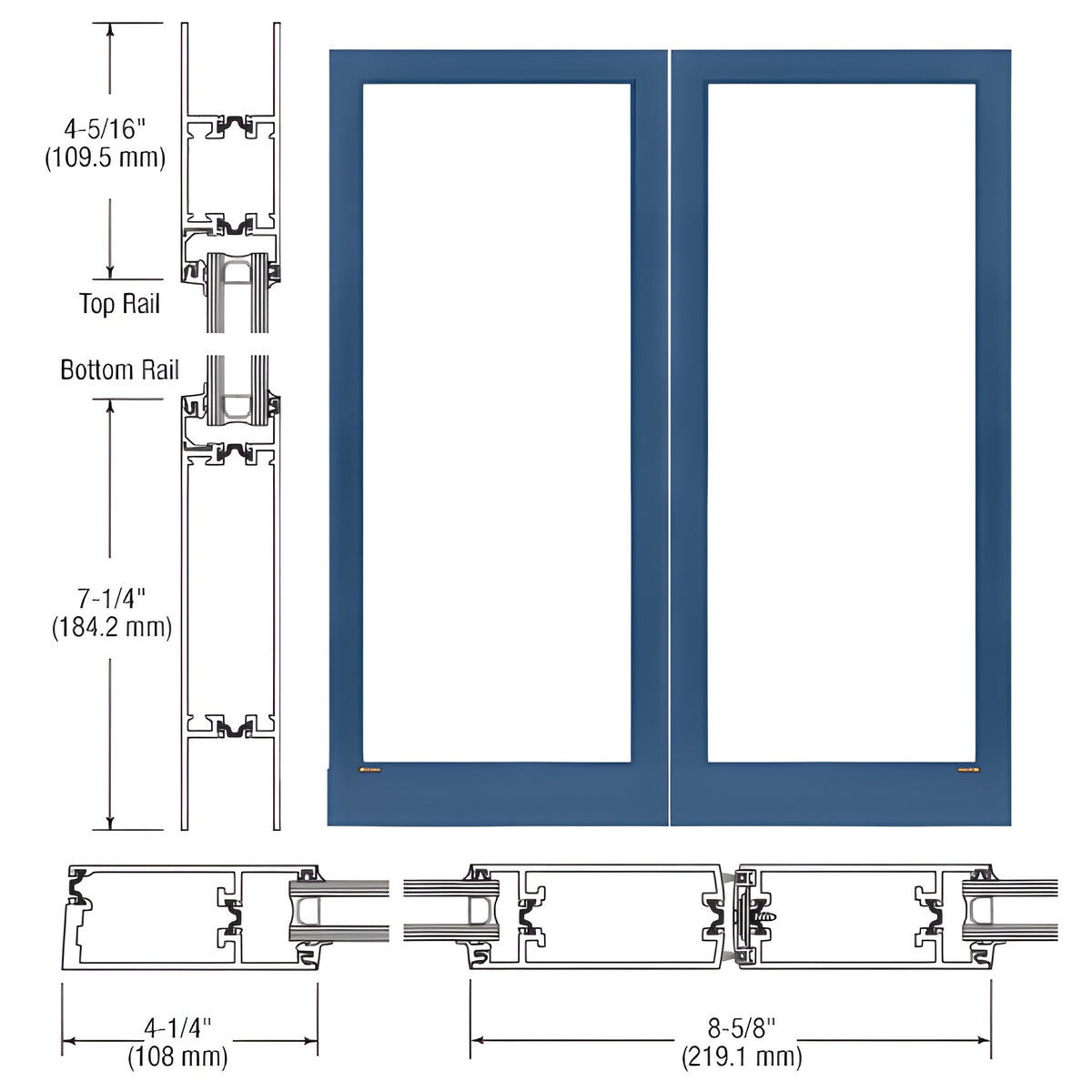 CRL-U.S. Aluminum Custom KYNAR® Paint Custom Blank Pair Series 400T Thermal Medium Stile Offset Hung Entrance Doors - No Prep