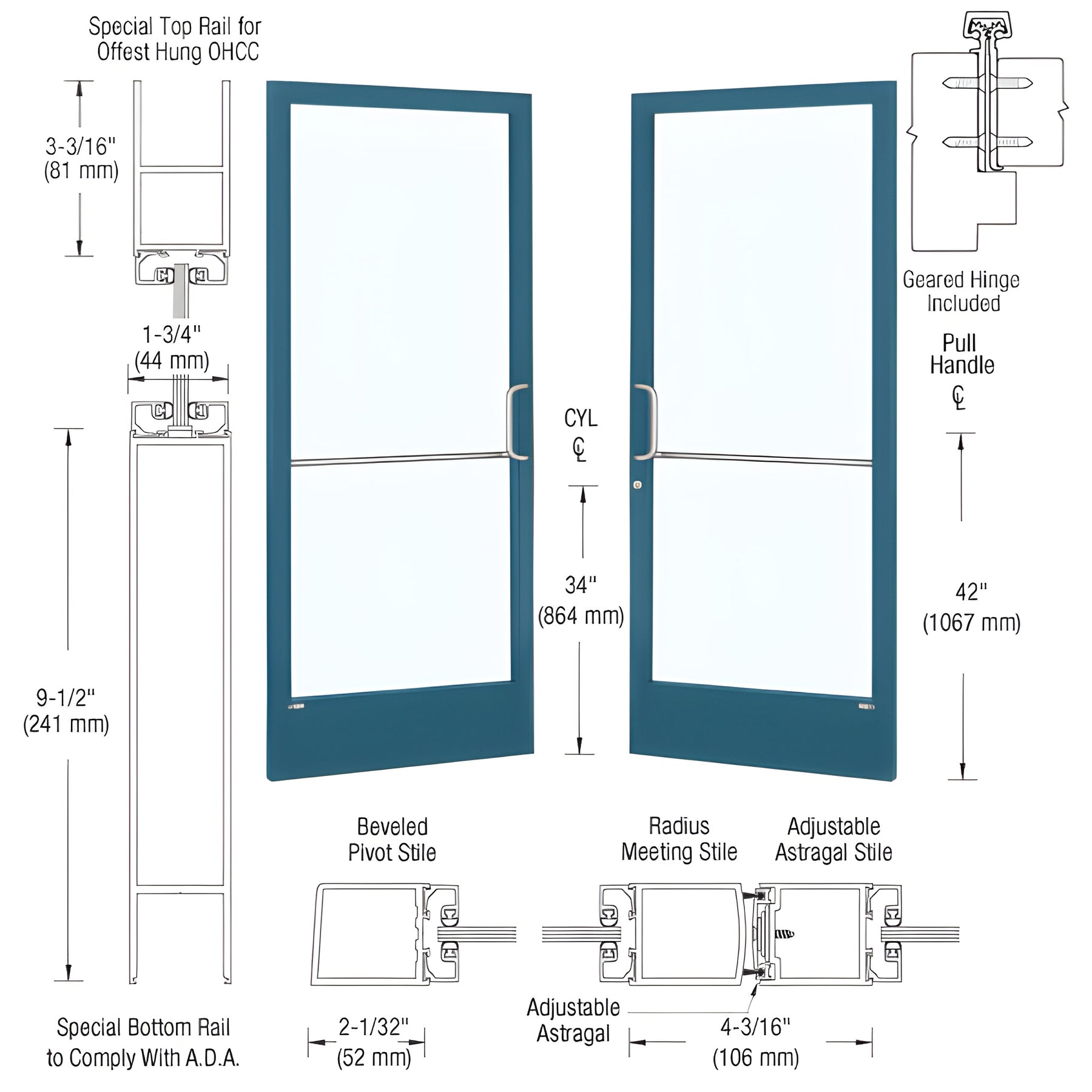 CRL-U.S. Aluminum Custom KYNAR® Paint Custom Pair 72" x 84" Series 250 Narrow Stile Gear Hinge Entrance Door