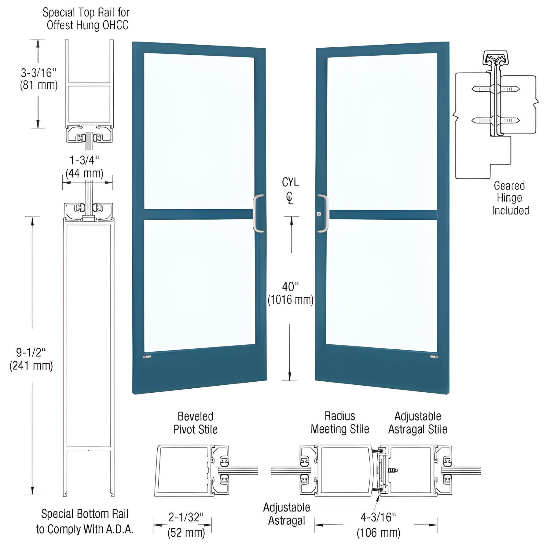 CRL-U.S. Aluminum Custom KYNAR® Paint Custom Pair 72" x 84" Series 250 Narrow Stile Gear Hinge Entrance Door for OHCC