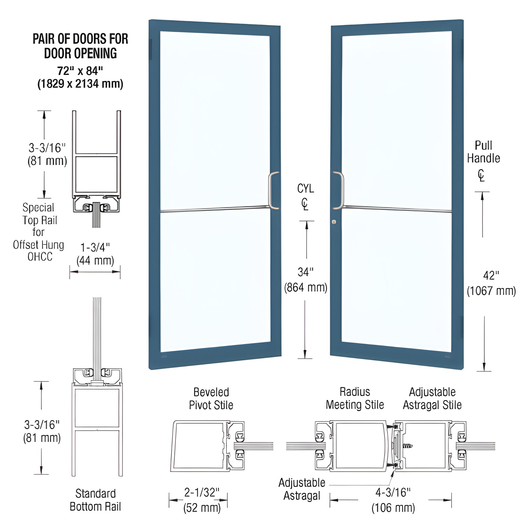 CRL-U.S. Aluminum Custom KYNAR® Paint Custom Pair 72" x 84" Series 250 Narrow Stile Butt Hinge Entrance Door for OHCC