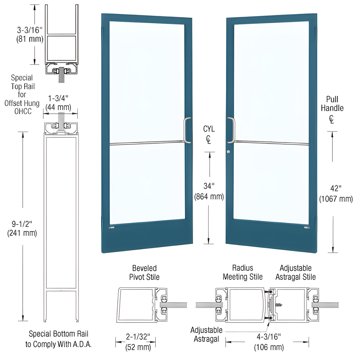 CRL-U.S. Aluminum Custom KYNAR® Paint Custom Pair 72" x 84" Series 250 Narrow Stile Butt Hinge Entrance Door for OHCC