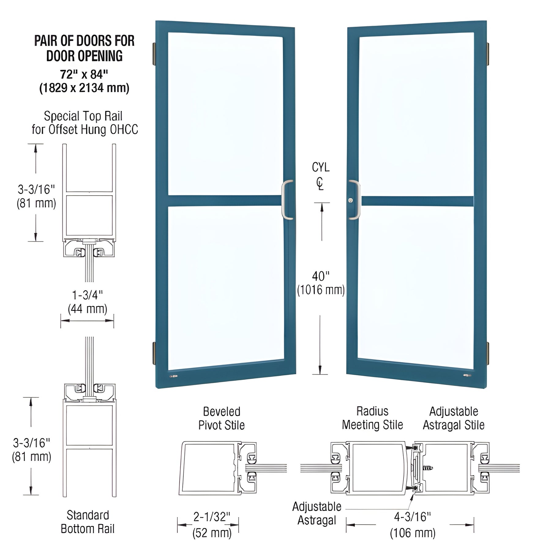 CRL-U.S. Aluminum Custom KYNAR® Paint Custom Pair 72" x 84" Series 250 Narrow Stile Butt Hinge Entrance Door For Panic and OHCC