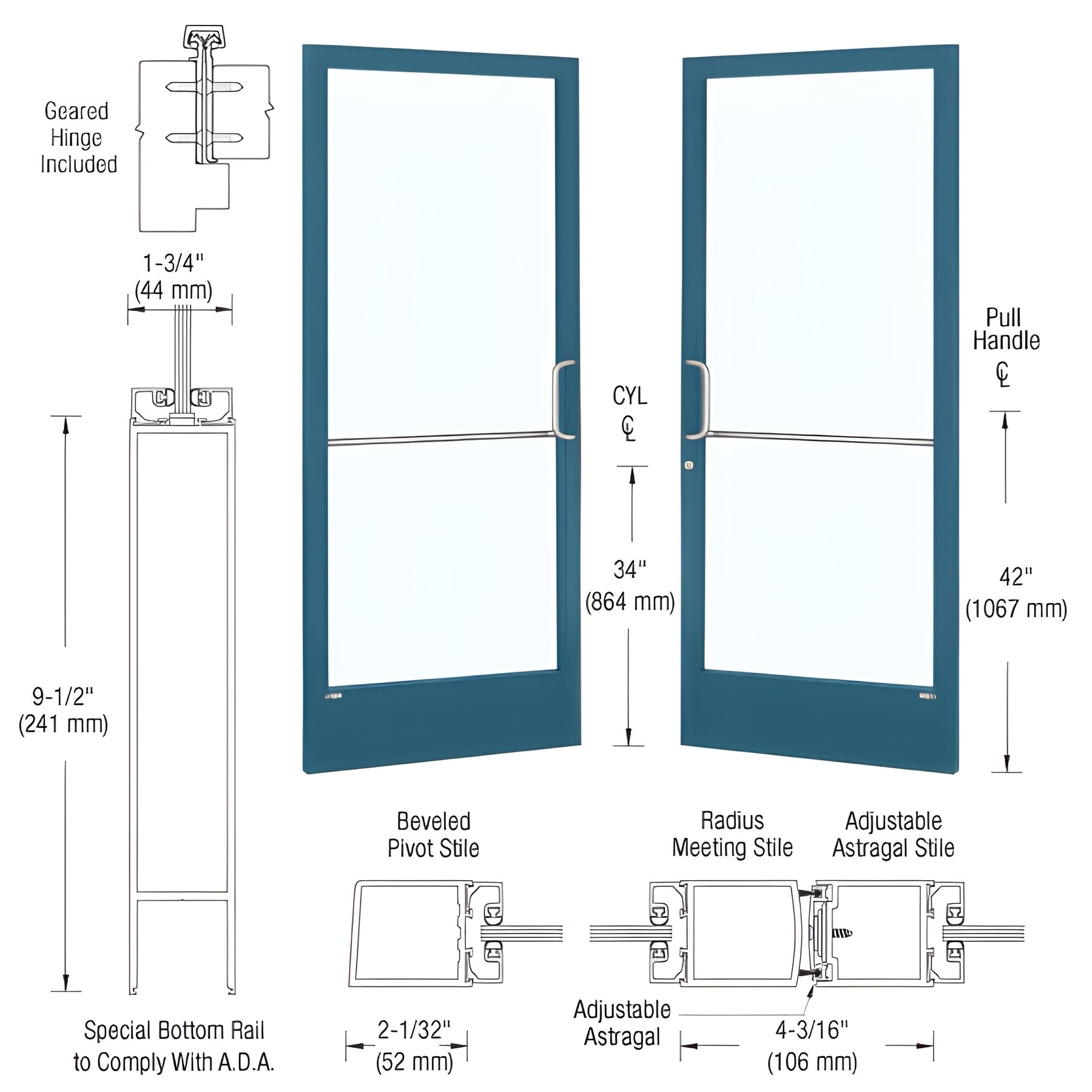 CRL-U.S. Aluminum Custom KYNAR® Paint Custom Pair Series 250 Narrow Stile Geared Hinge Entrance Doors With ADA Bottom Rail for Surface Mount Door Closers