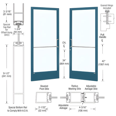 CRL-U.S. Aluminum Custom KYNAR® Paint Custom Pair Series 250 Narrow Stile Geared Hinged Entrance Doors for Overhead Concealed Door Closers