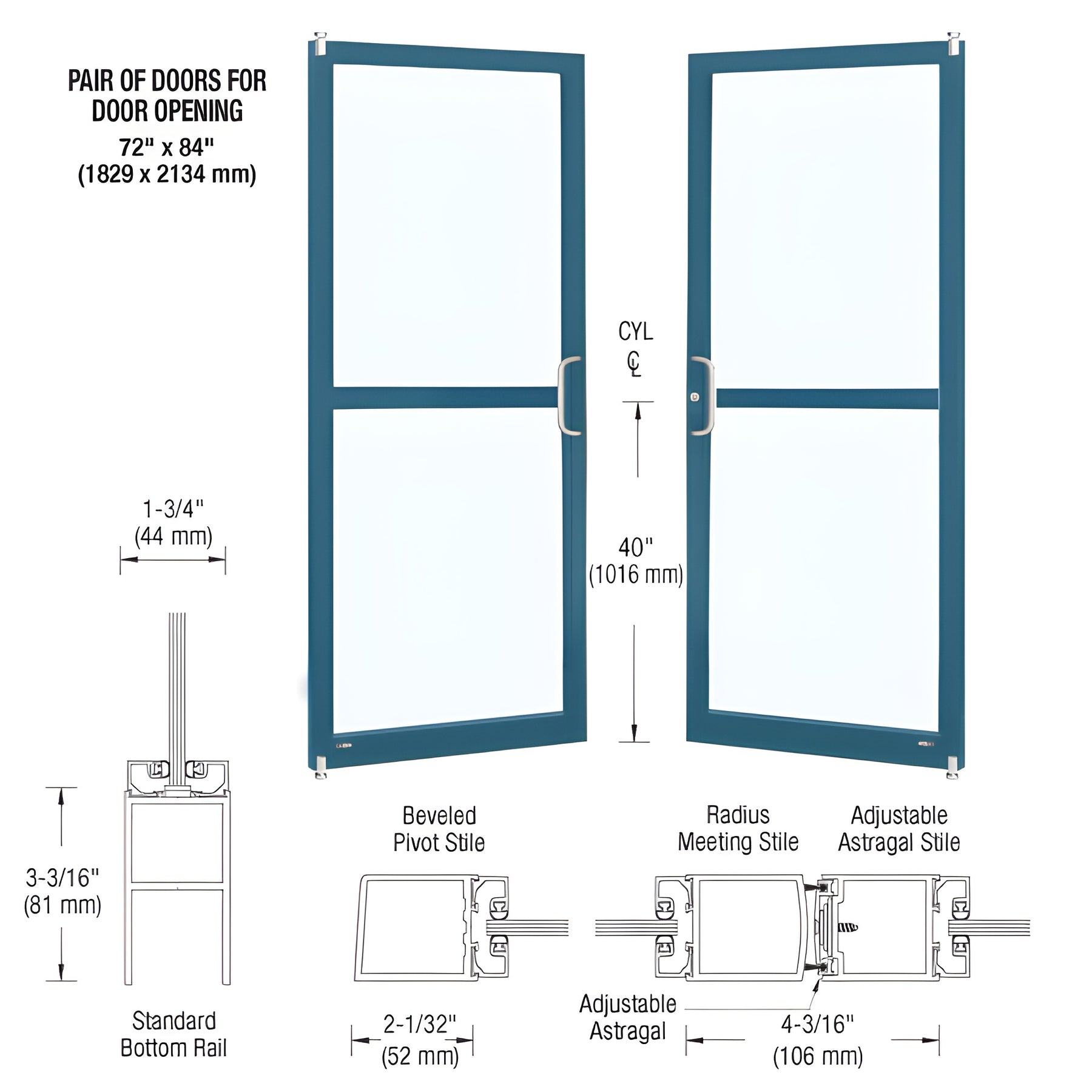 CRL-U.S. Aluminum Custom KYNAR® Paint Custom Pair Series 250 Narrow Stile Offset Pivot Entrance Doors For Panics for Surface Mount Door Closers