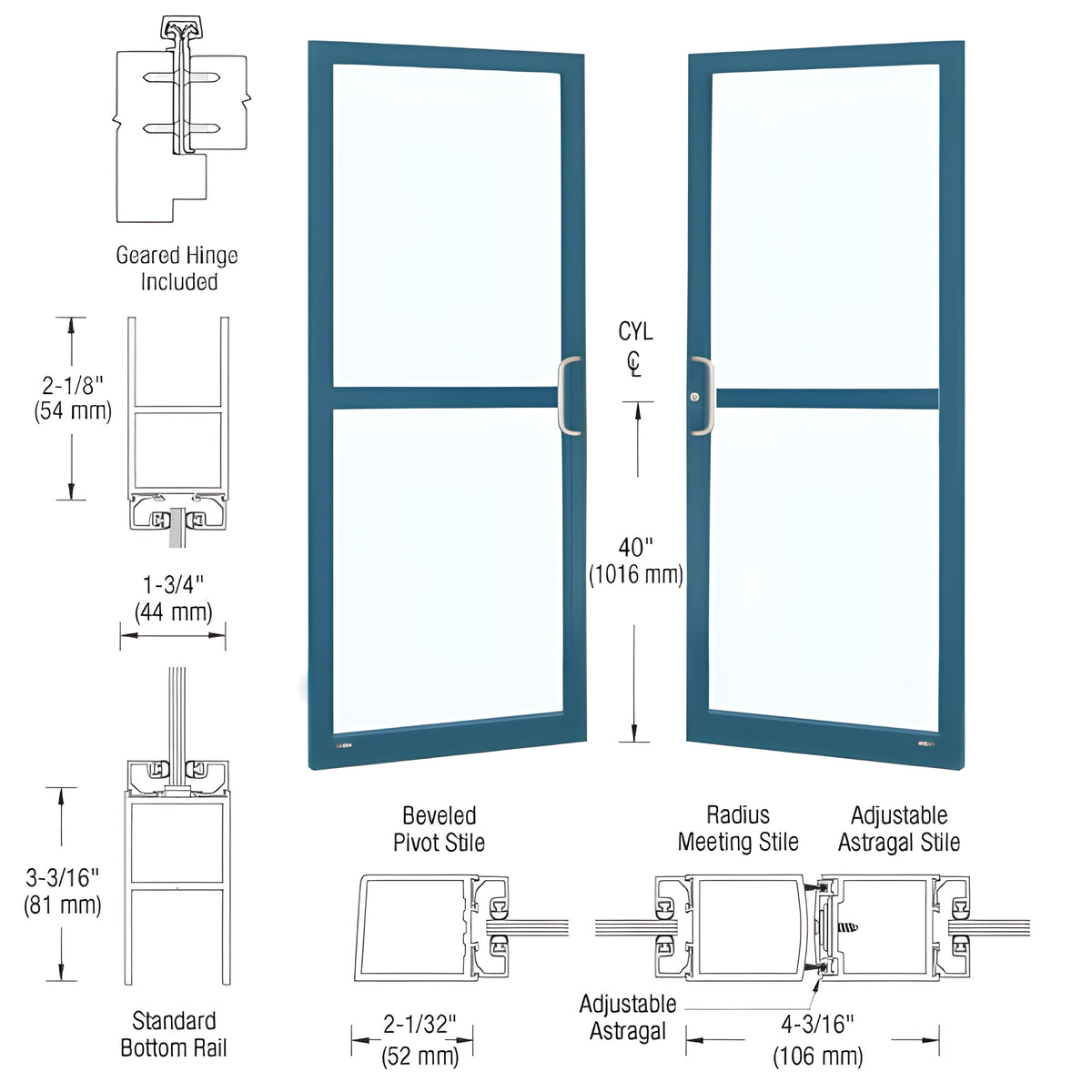 CRL-U.S. Aluminum Custom KYNAR® Paint Custom Pair Series 250 Narrow Stile Geared Hinge Entrance Doors For Panics and Surface Mount Door Closers