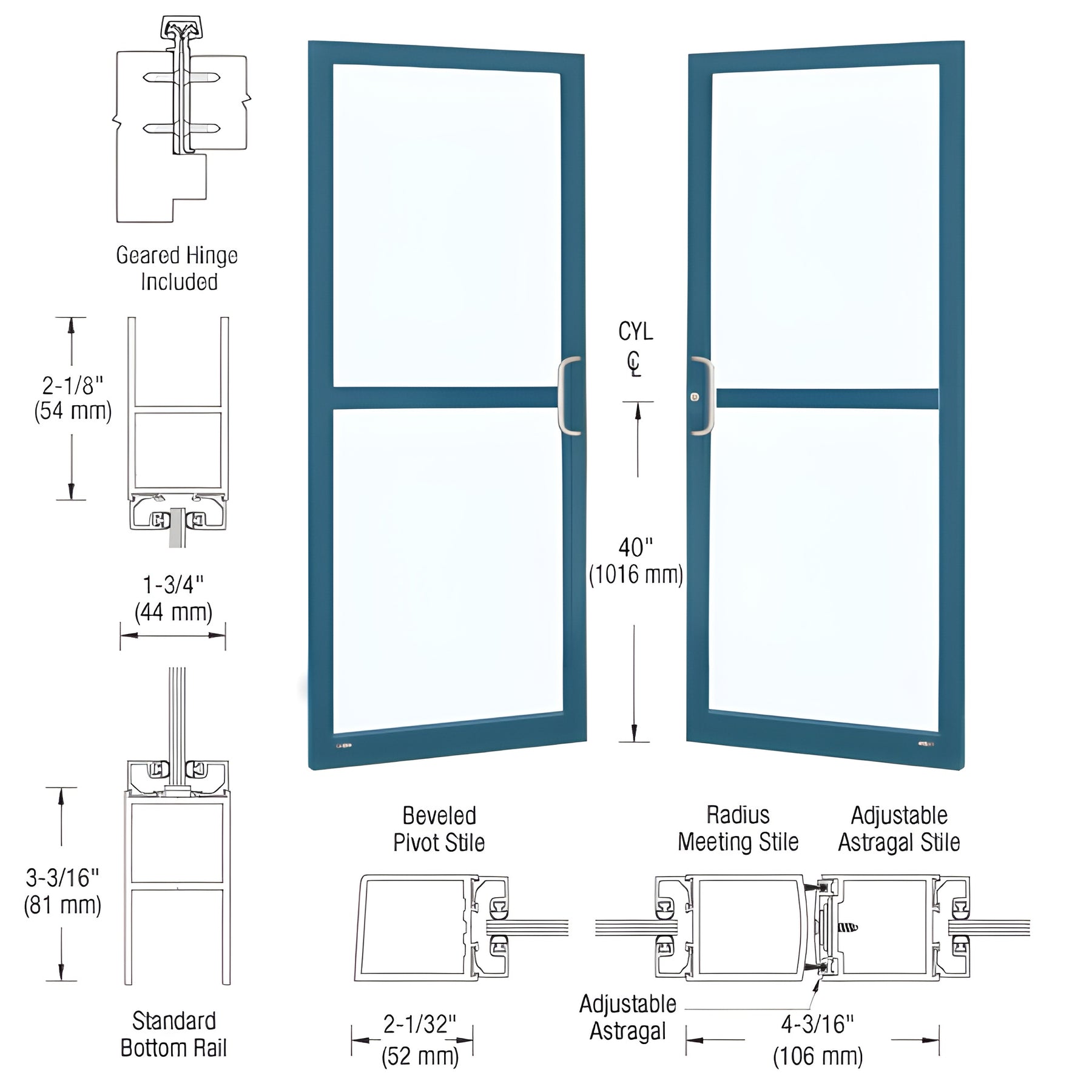 CRL-U.S. Aluminum Custom KYNAR® Paint Custom Pair Series 250 Narrow Stile Geared Hinge Entrance Doors For Panics and Surface Mount Door Closers