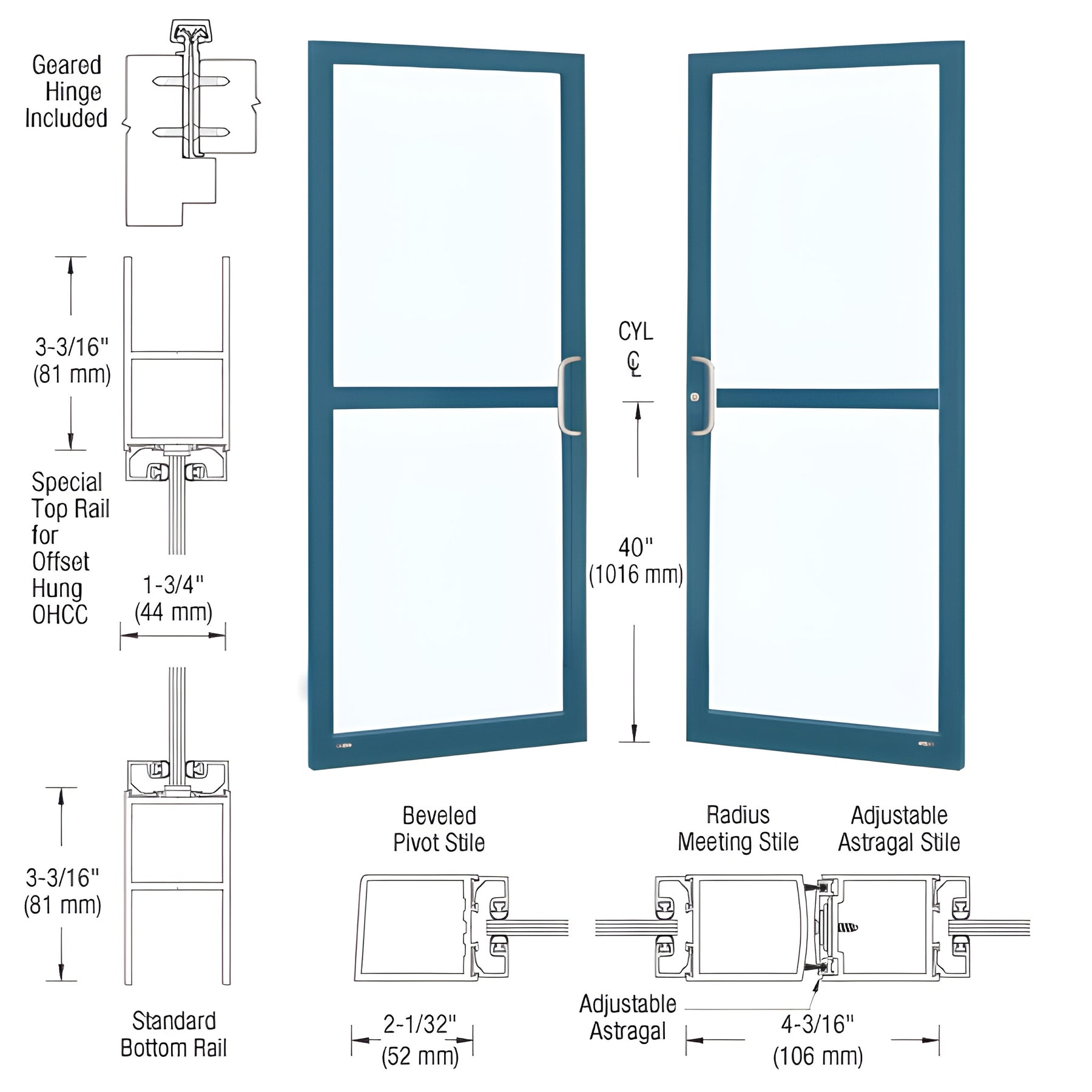CRL-U.S. Aluminum Custom KYNAR® Paint Custom Pair Series 250 Narrow Stile Geared Hinge Entrance Doors With Panics for Overhead Concealed Door Closers