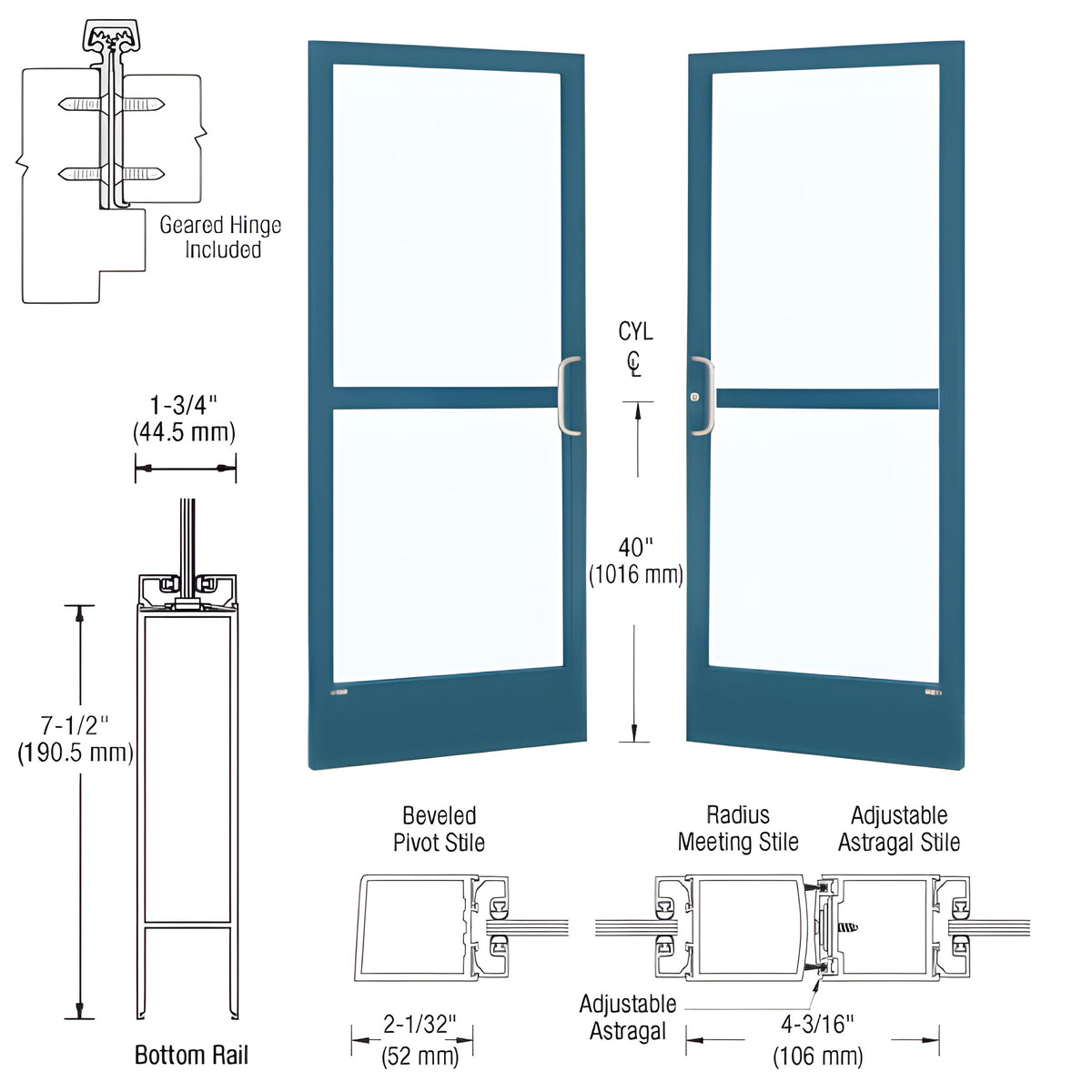 CRL-U.S. Aluminum Custom KYNAR® Paint Custom Pair Series 250 Narrow Stile Geared Hinge Entrance Doors With Panics for Surface Mount Door Closers