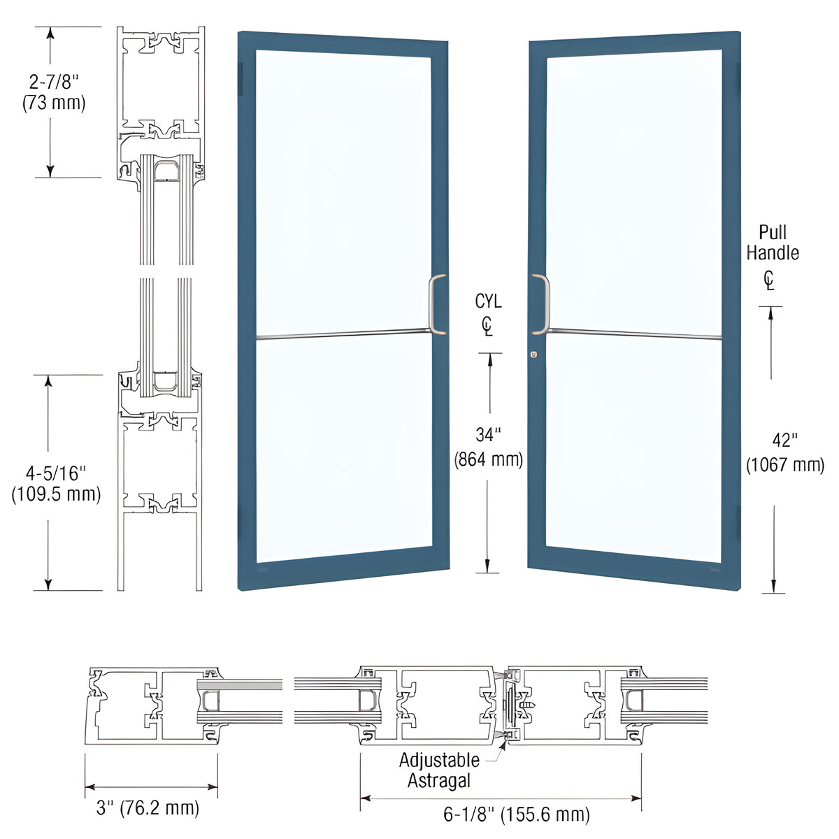 CRL-U.S. Aluminum Custom KYNAR® Paint Custom Pair Series 250T Narrow Stile Butt Hinge Thermal Entrance Doors for Surface Mount Door Closers