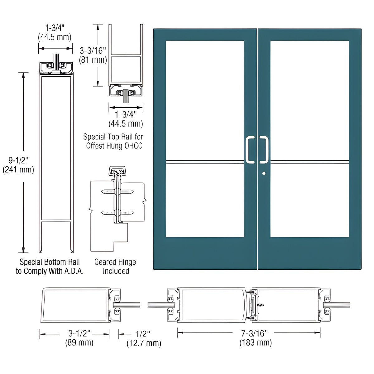 CRL-U.S. Aluminum Custom KYNAR® Paint Custom Pair Series 400 Medium Stile Geared Hinge Entrance Door for Overhead Concealed Door Closers