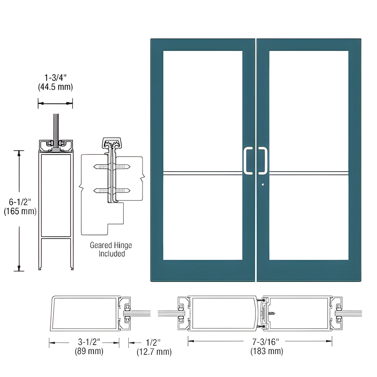 CRL-U.S. Aluminum Custom KYNAR® Paint Custom Pair Series 400 Medium Stile Geared Hinge Entrance Doors for Surface Mount Door Closers