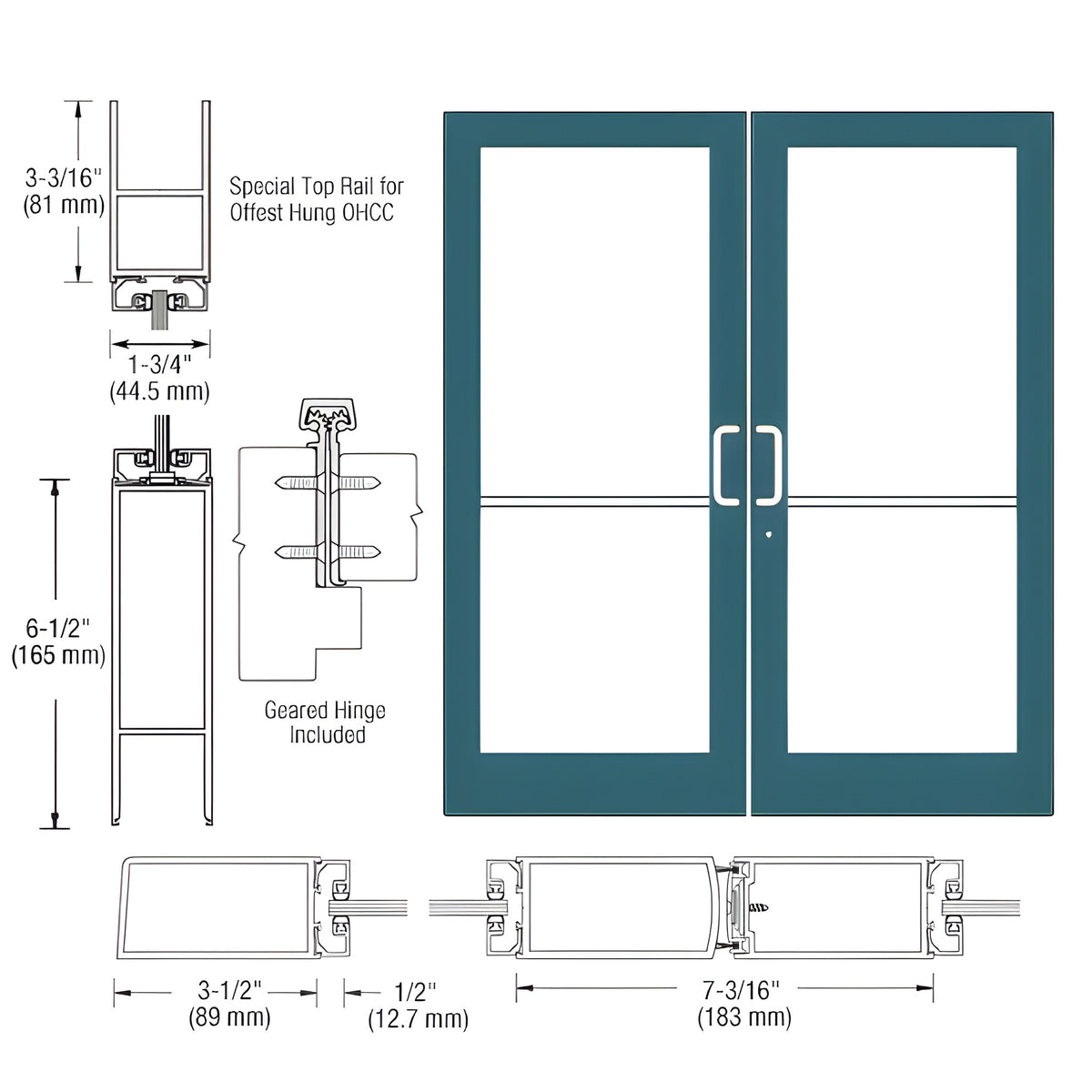 CRL-U.S. Aluminum Custom KYNAR® Paint Custom Pair Series 400 Medium Stile Geared Hinge Entrance Doors for Overhead Concealed Door Closers