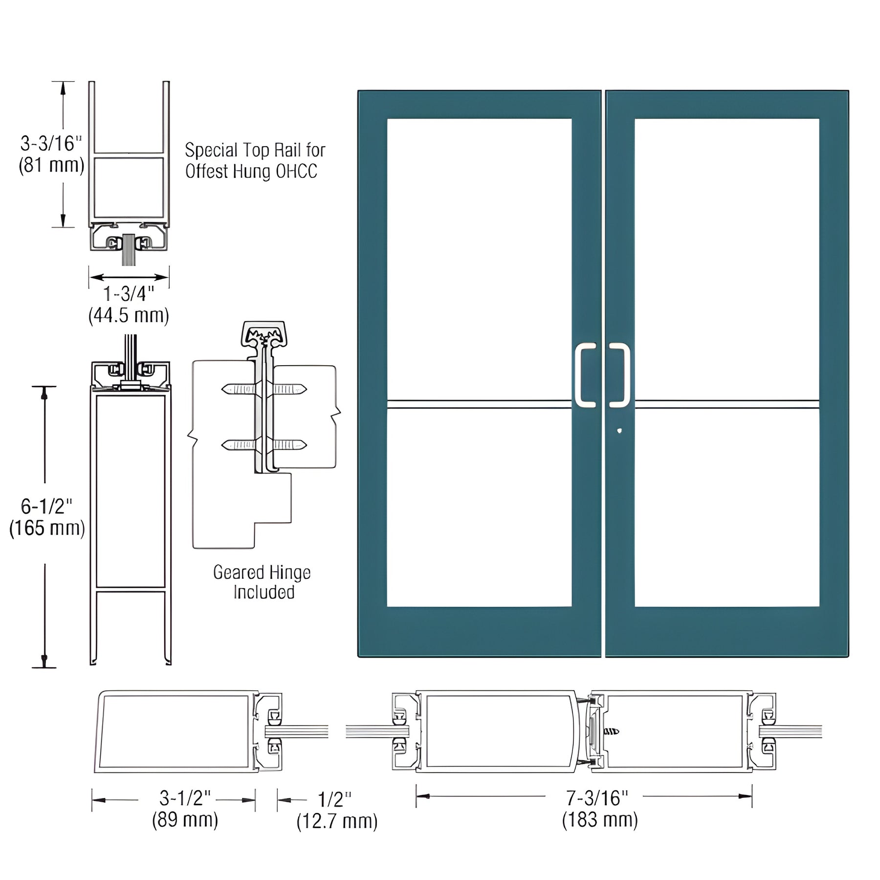 CRL-U.S. Aluminum Custom KYNAR® Paint Custom Pair Series 400 Medium Stile Geared Hinge Entrance Doors for Overhead Concealed Door Closers