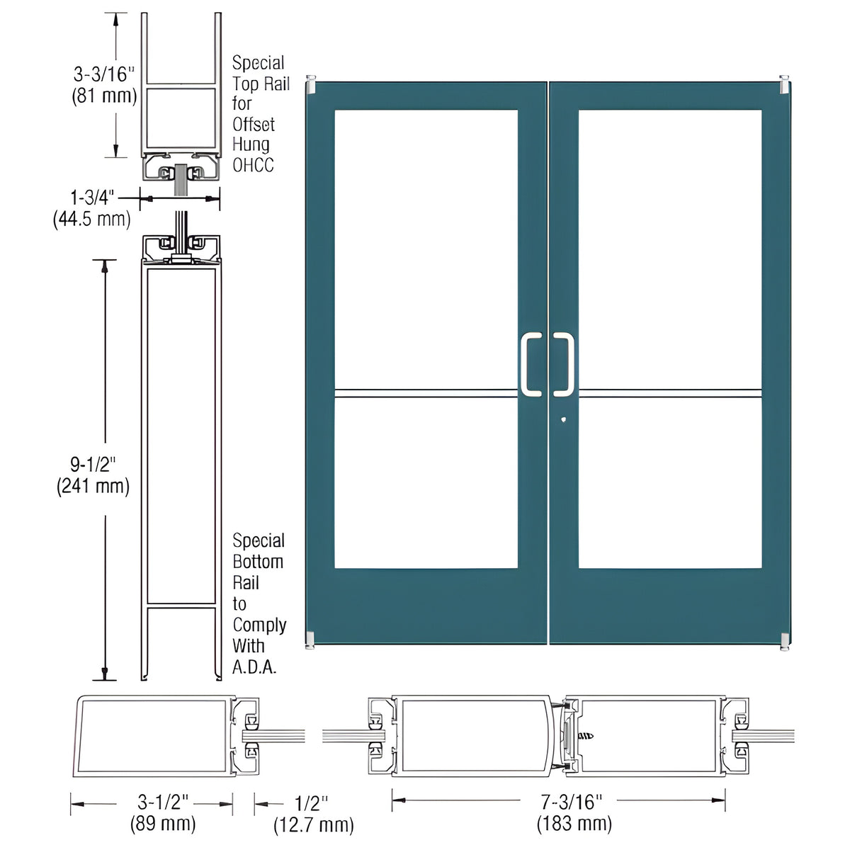 CRL-U.S. Aluminum Custom KYNAR® Paint Custom Pair Series 400 Medium Stile Offset Pivot Entrance Doors for Overhead Concealed Door Closers