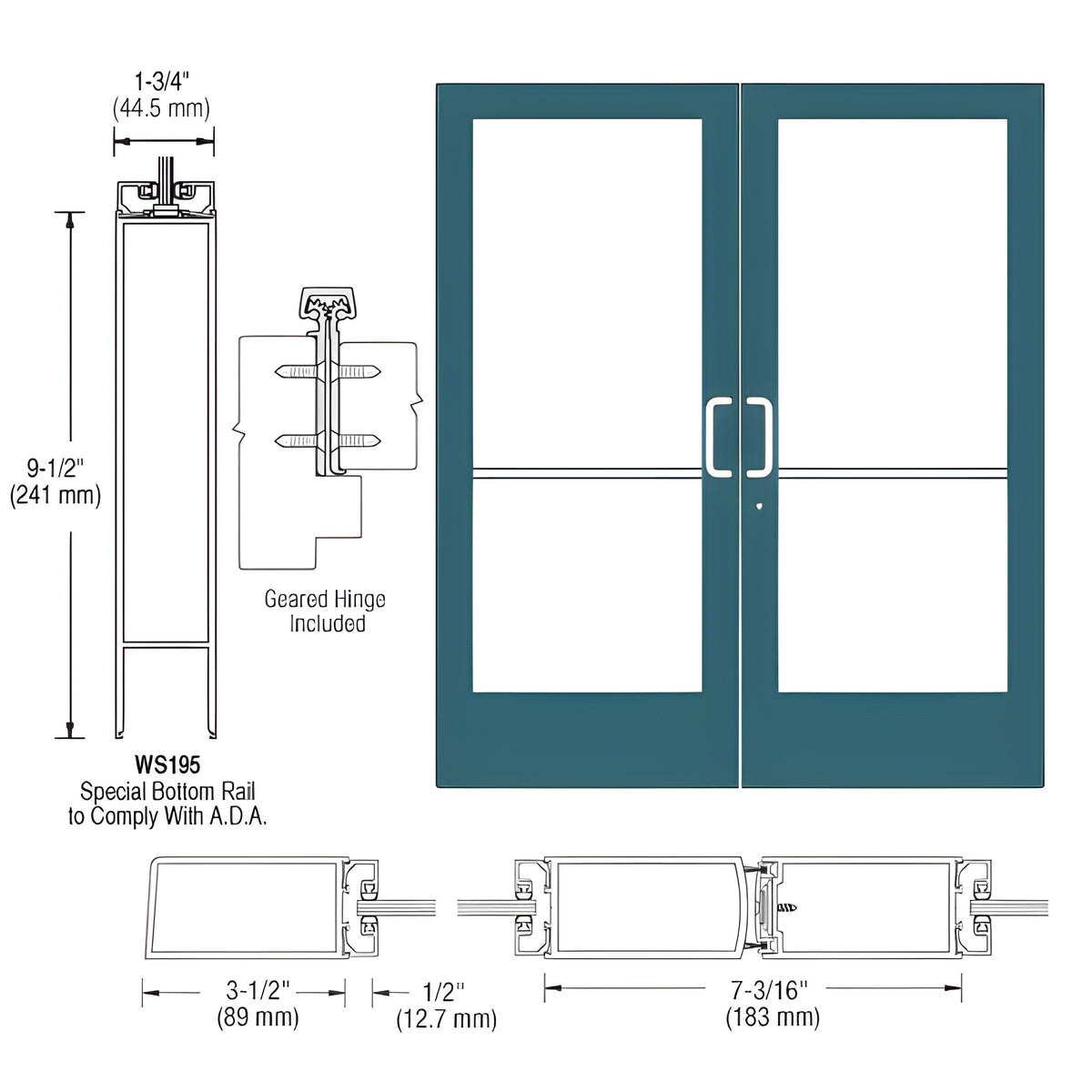 CRL-U.S. Aluminum Custom KYNAR® Paint Custom Pair Series 400 Medium Stile Geared Hinge Entrance Doors for Surface Mount Door Closers
