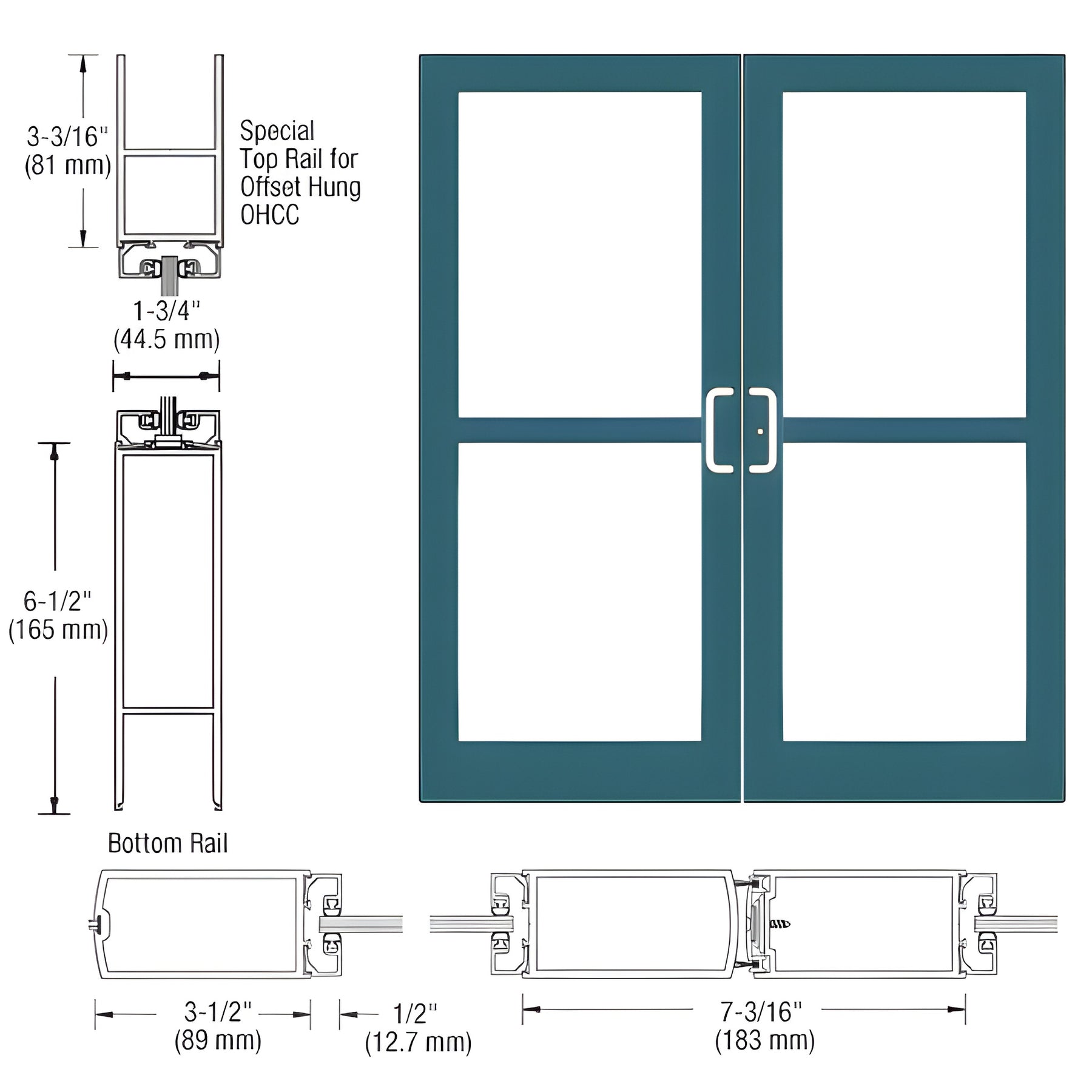 CRL-U.S. Aluminum Custom KYNAR® Paint Custom Pair Series 400 Medium Stile Center Pivot Entrance Doors For Panics and Overhead Concealed Door Closers