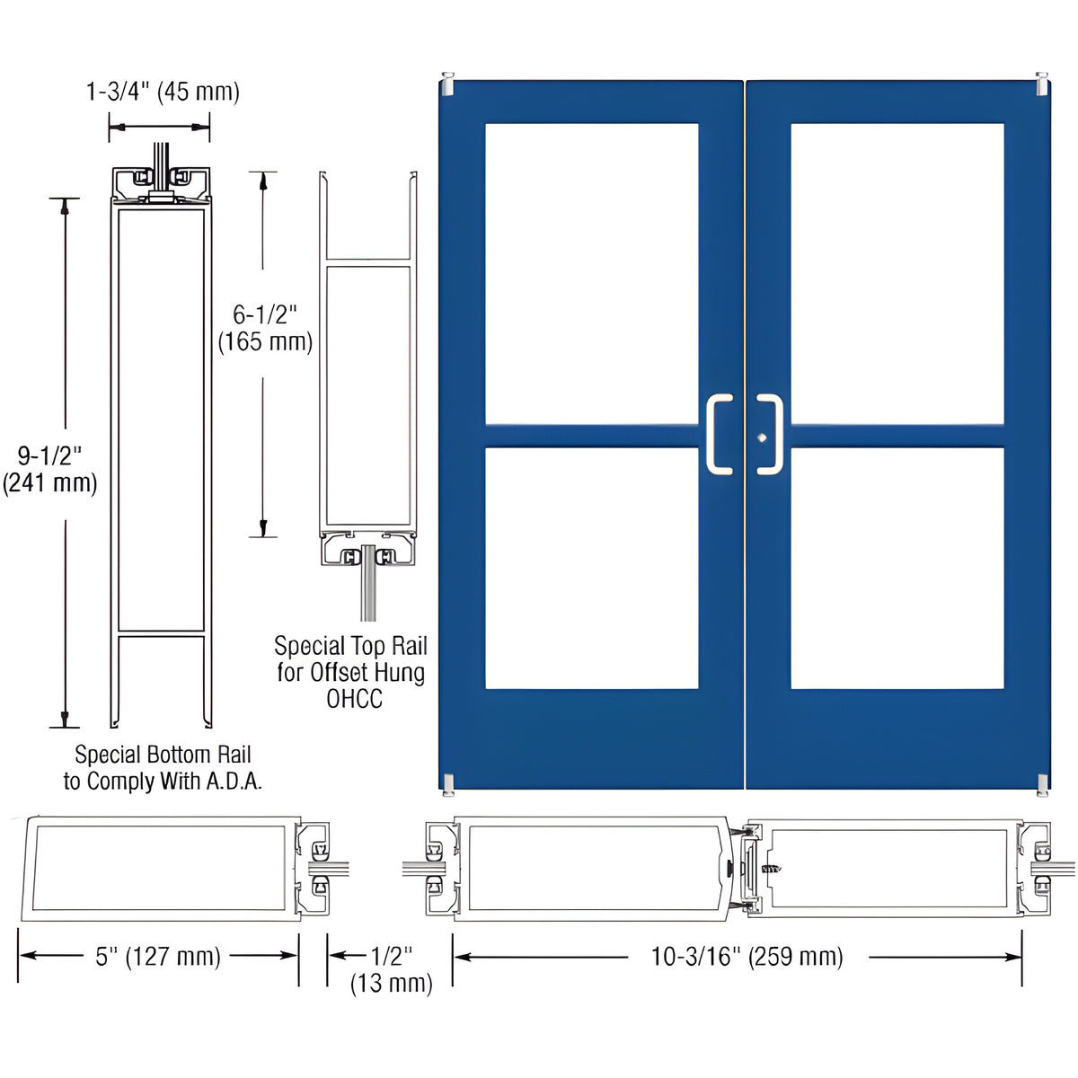 CRL-U.S. Aluminum Custom KYNAR® Paint Custom Pair Series 550 Wide Stile Offset Pivot Entrance Door With Panics for Overhead Concealed Door Closers