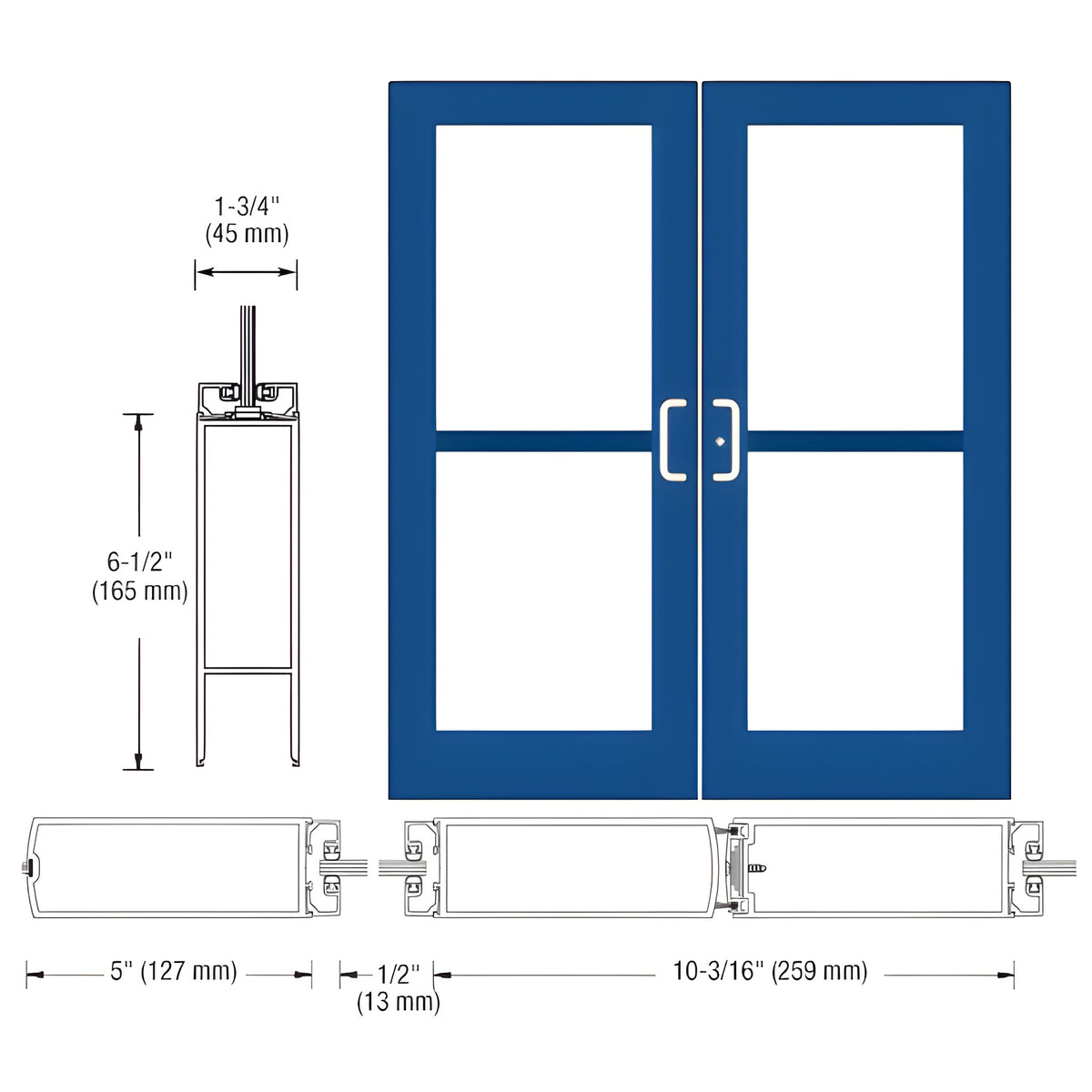 CRL-U.S. Aluminum Custom KYNAR® Paint Custom Pair Series 550 Wide Stile Center Pivot Entrance Doors With Panics for Overhead Concealed Door Closers