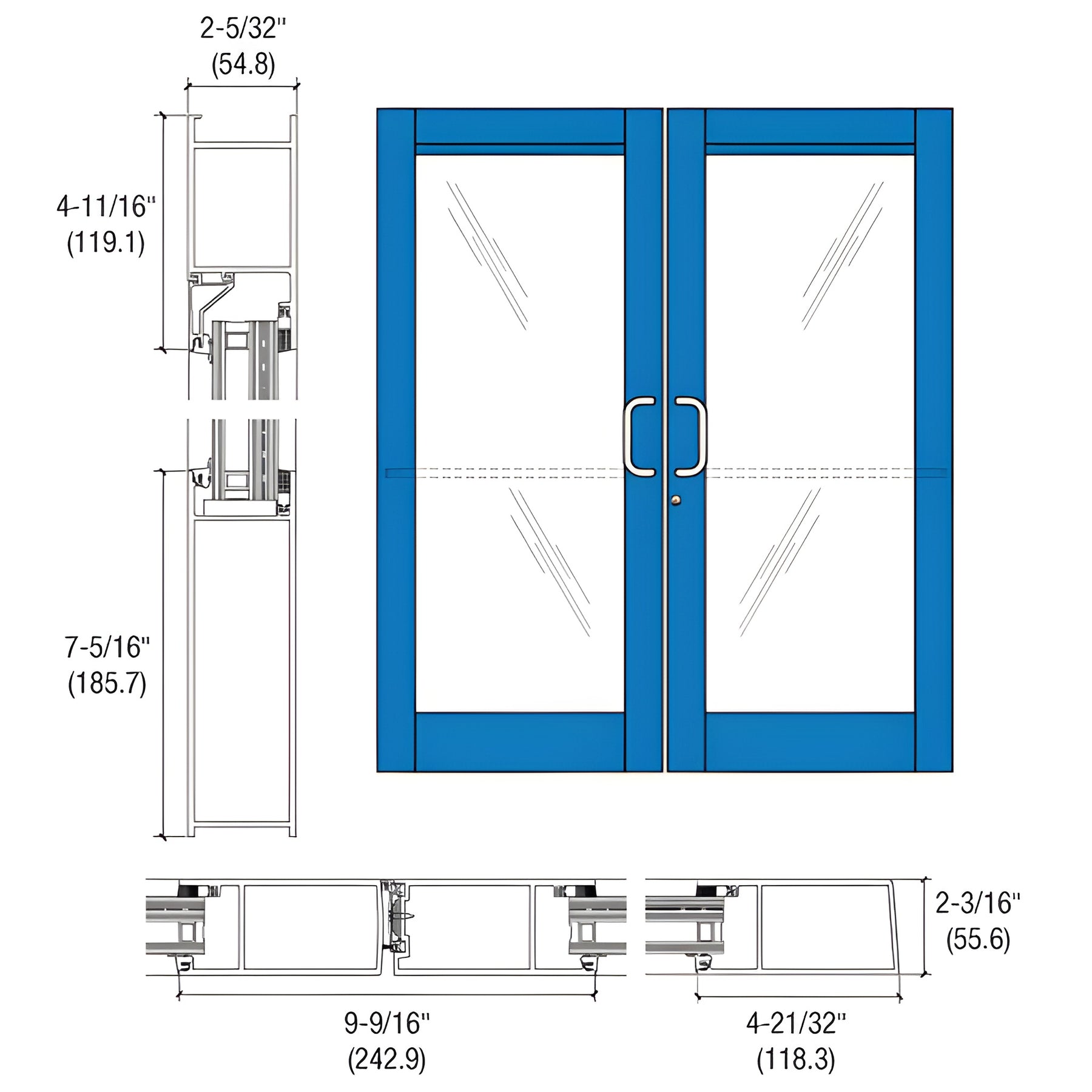 CRL-U.S. Aluminum Custom KYNAR® Paint Custom Pair Series 604 Blast Resistant Butt Hinge Entrance Doors for Surface Mount Door Closers